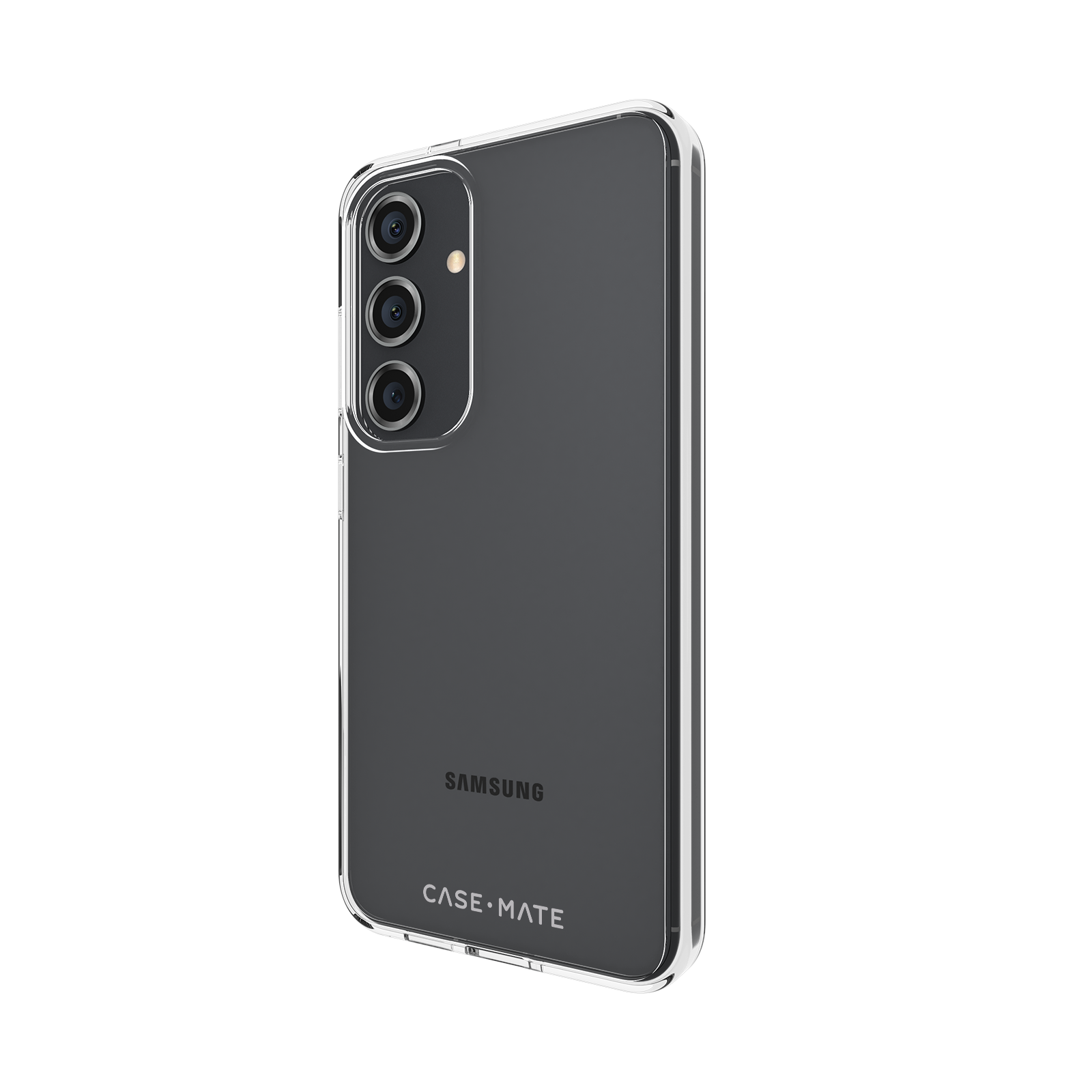 Una custodia trasparente per telefono su un telefono grigio scuro. I marchi "SAMSUNG" e "CASE.MATE" sono visibili.