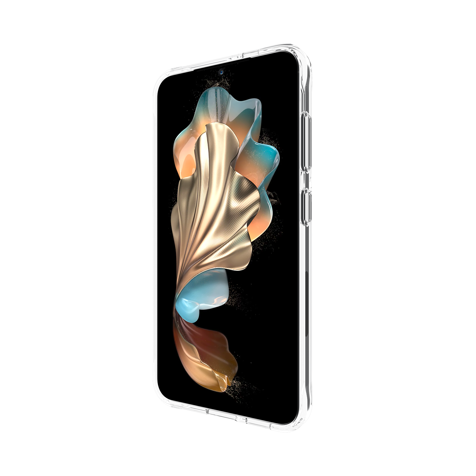 Smartphone in una custodia trasparente con sfondo astratto colorato.