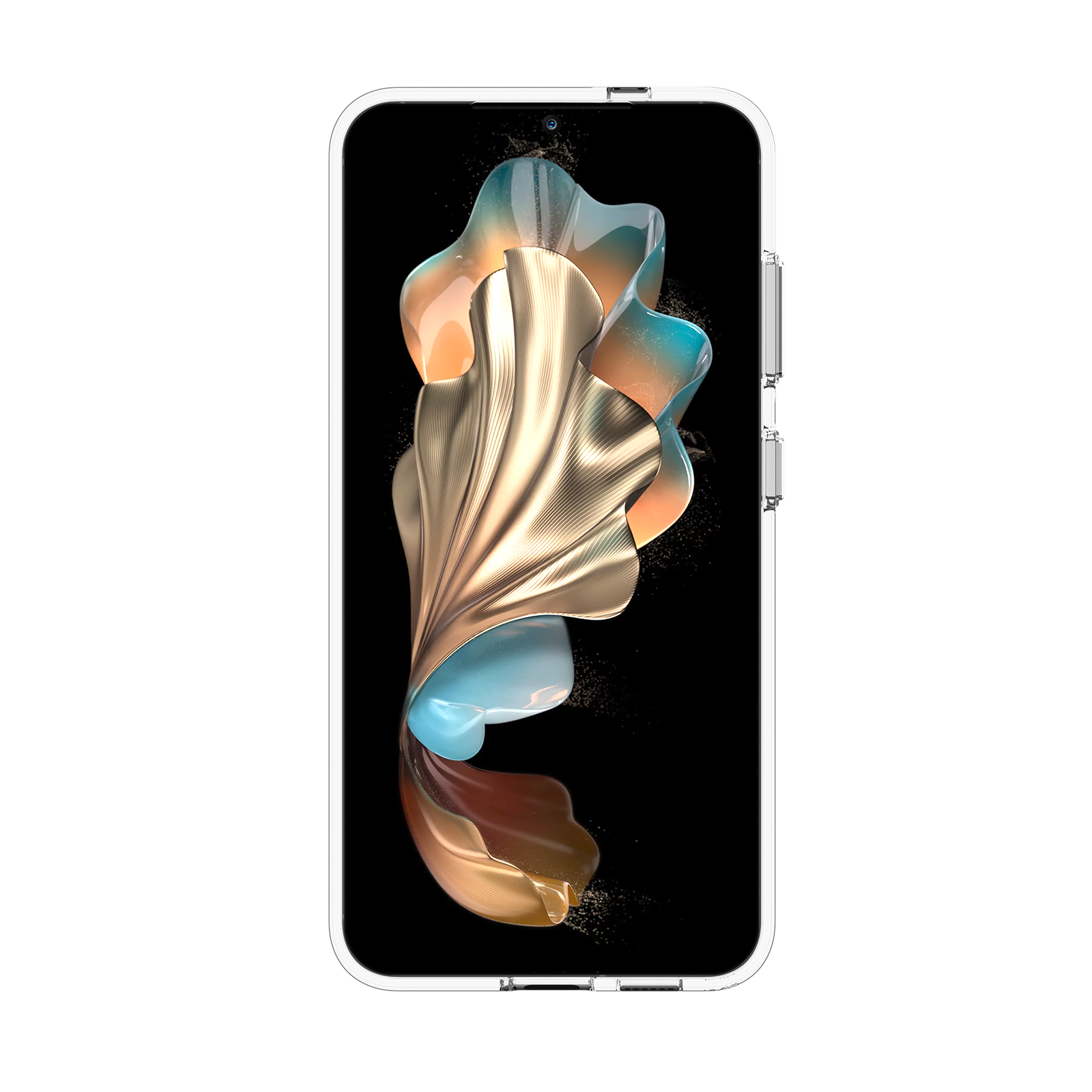 Uno smartphone con una custodia trasparente. Lo schermo mostra un design astratto oro e blu.