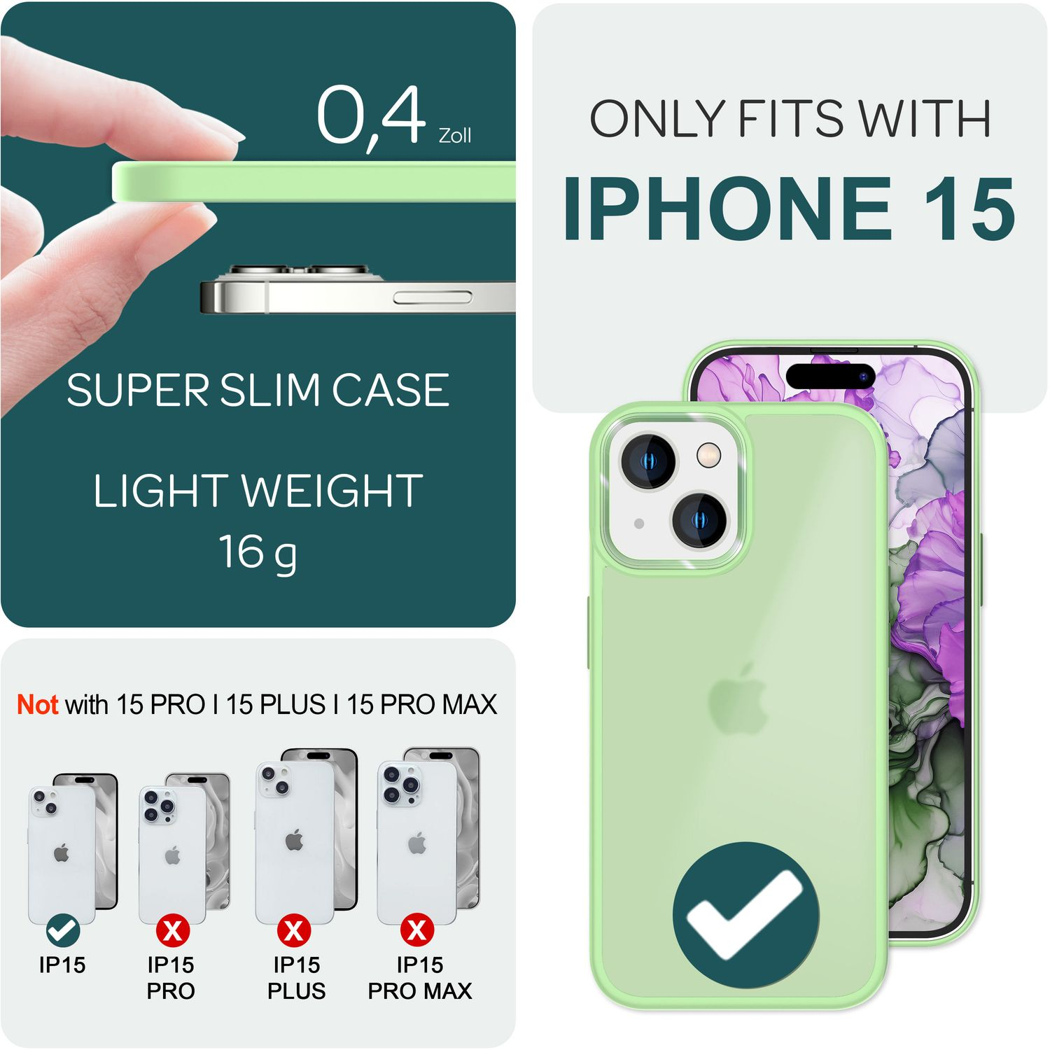 Grüne iPhone 15 Hülle mit Telefon. Text zeigt nur die Kompatibilität.