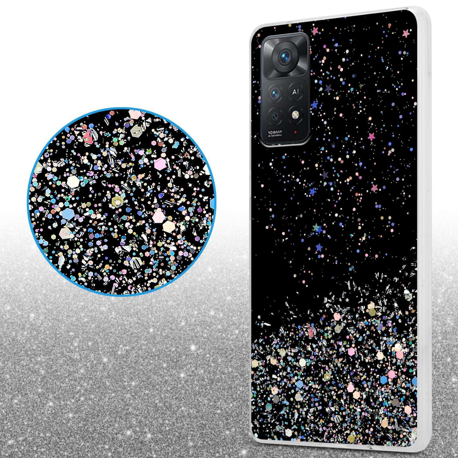 Custodia per telefono con sfondo nero e glitter. La custodia è nera con un design scintillante.