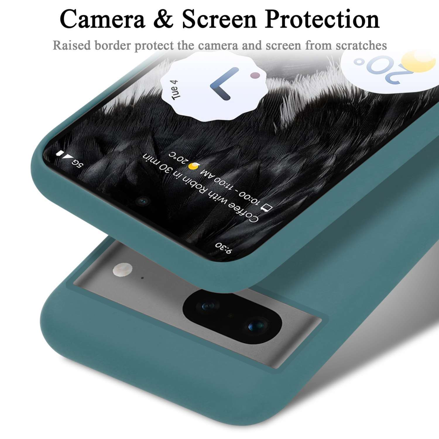 Telefon auf teal Hülle, überlagert von einer anderen Hülle. Zeigt einen Bildschirm mit UI.