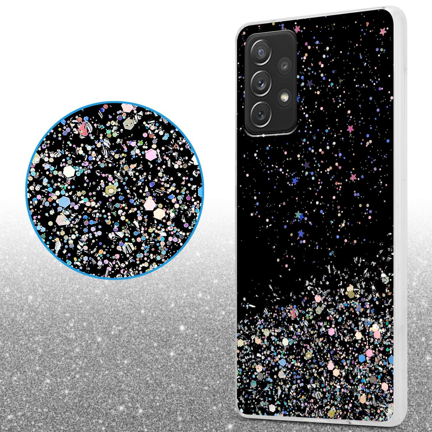 Custodia per telefono nera con design glitterato e un primo piano del glitter.