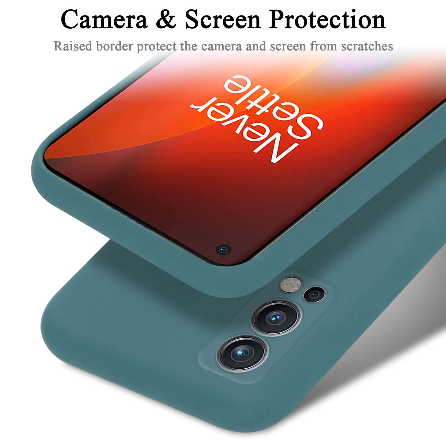 Custodia blu per telefono che protegge un telefono. Lo schermo e la custodia sono a fuoco.