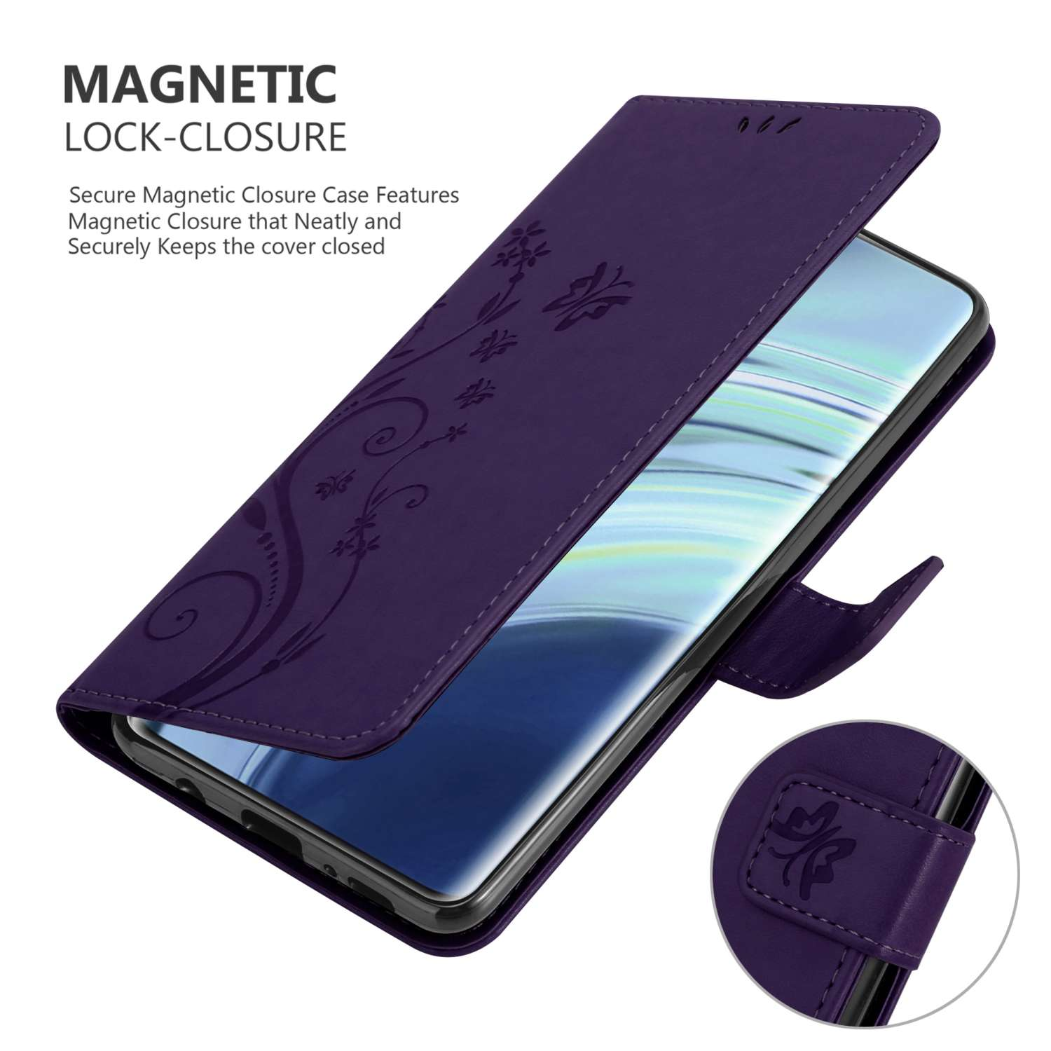 Custodia per telefono viola aperta, design floreale. Schermo del telefono visibile. Custodia con chiusura magnetica.