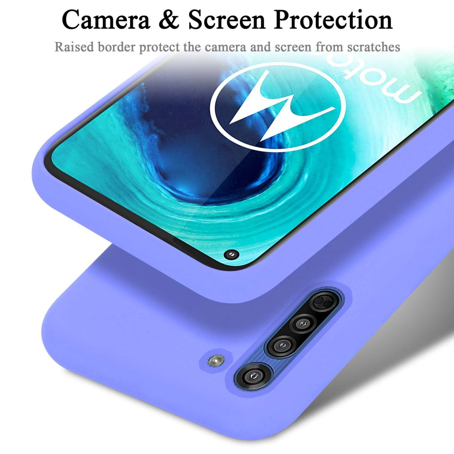 Telefon mit lila Hülle. Text 'Camera & Screen Protection'. Erhöhter Rand für Kamera und Bildschirm.