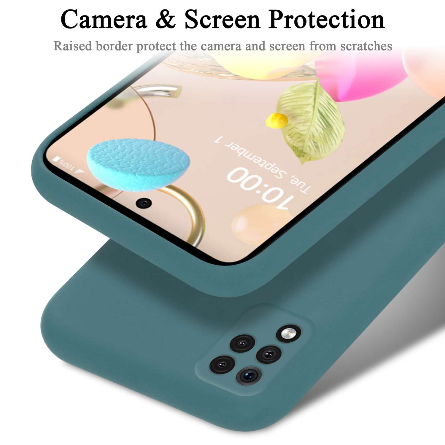 Eine tealfarbene Handyhülle mit einem Telefon, das einen Bildschirm mit bunten Elementen zeigt.