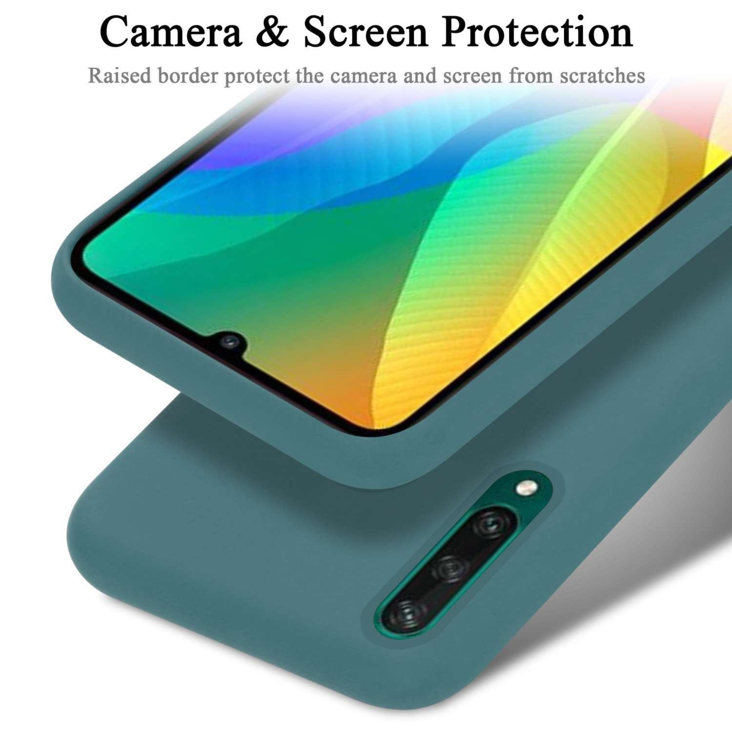 Coque de téléphone verte avec téléphone partiellement inséré. Protection de l'appareil photo et de l'écran montrée.