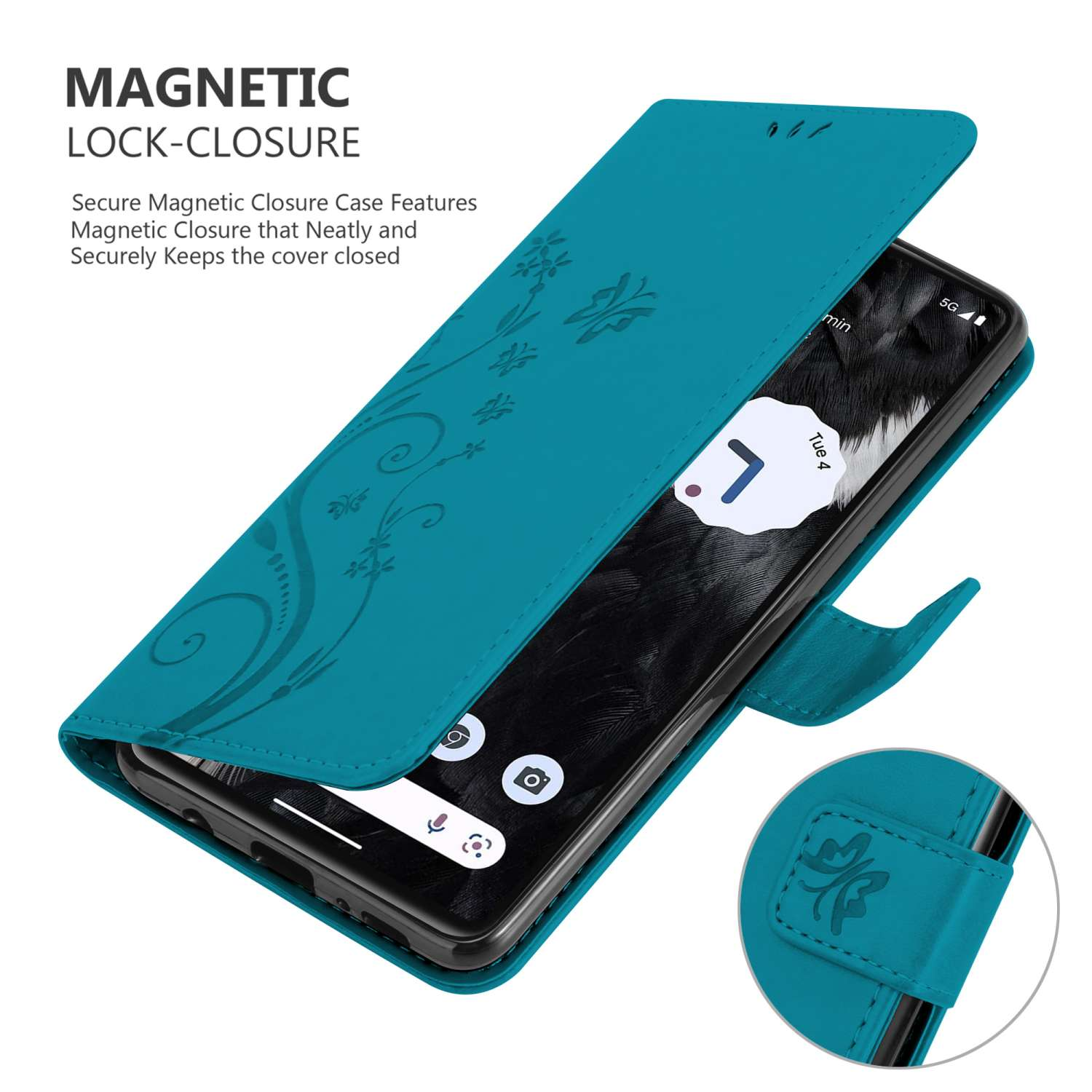Custodia per telefono turchese aperta con design floreale. Il telefono mostra un'interfaccia. Chiusura magnetica.