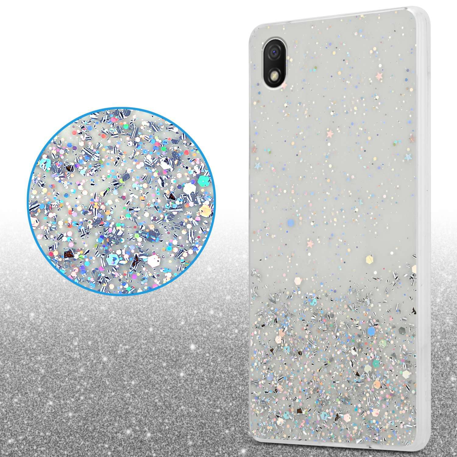 Custodia per telefono con glitter argento. Cerchio mostra porzione ingrandita. Sfondo bianco.