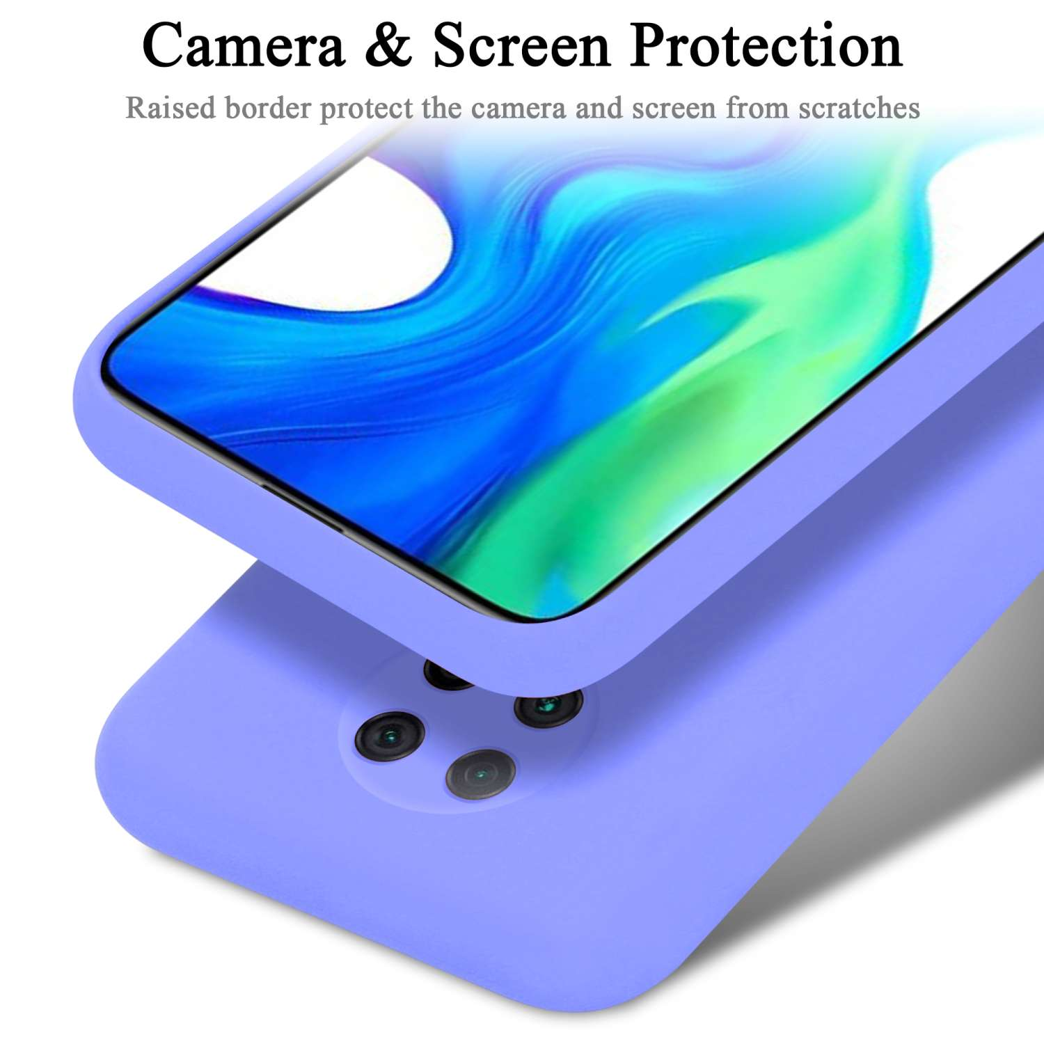 Funda de teléfono lila con protección de cámara y pantalla. Otro teléfono debajo. Fondo blanco. Toma de cerca.