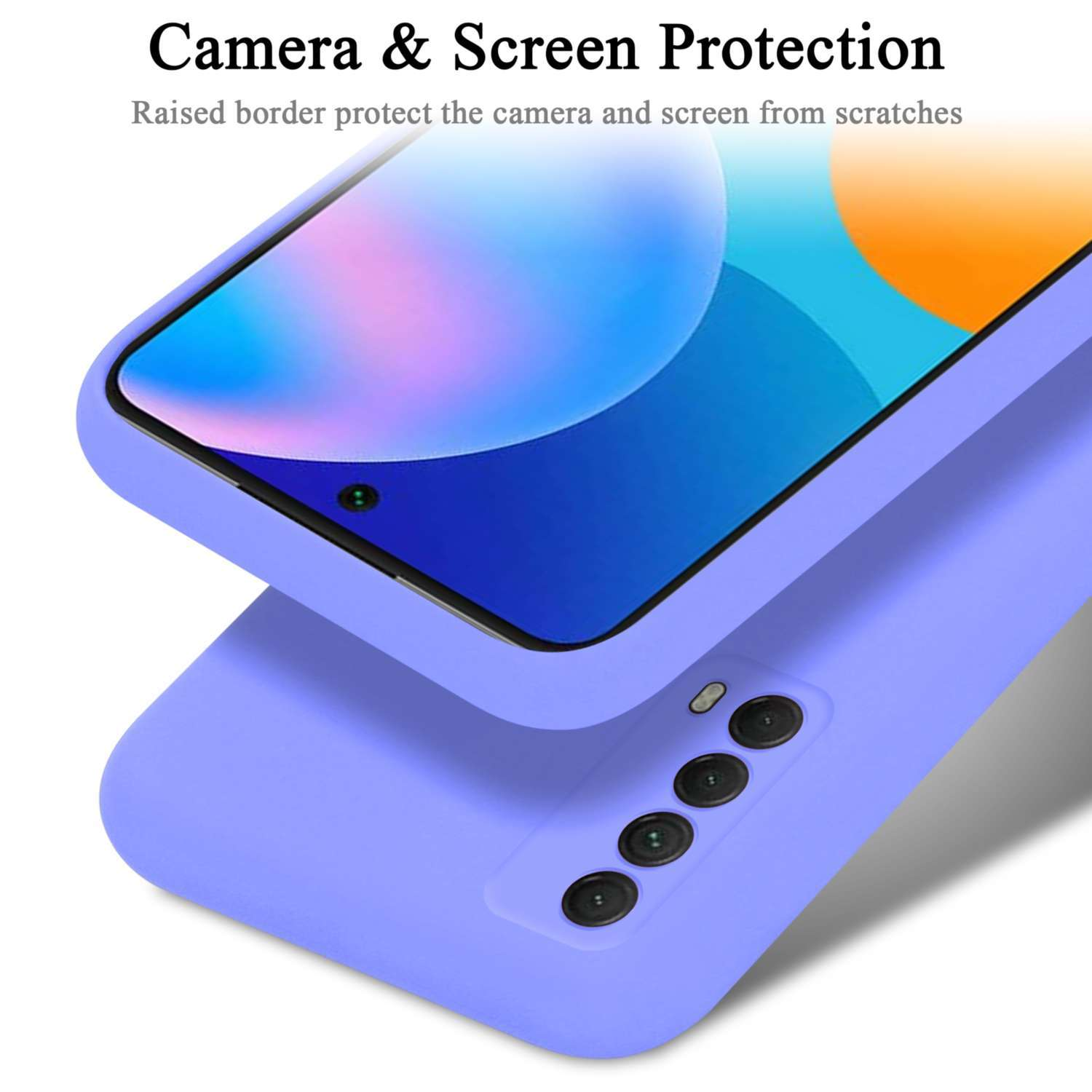 Deux coques de téléphone violettes superposées, une avec téléphone, texte sur la protection de l'appareil photo.