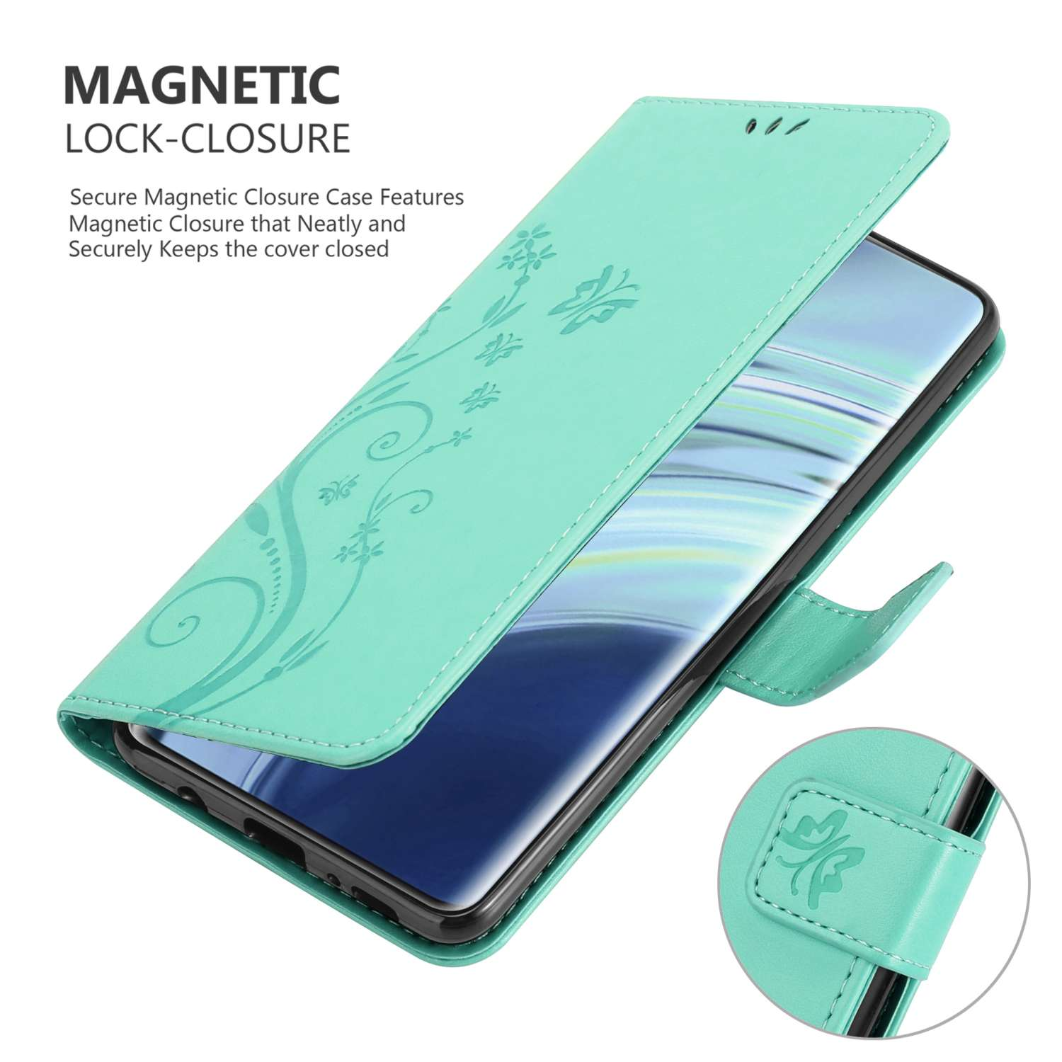Custodia per telefono turchese aperta, che mostra lo schermo del telefono. Design floreale sulla cover.