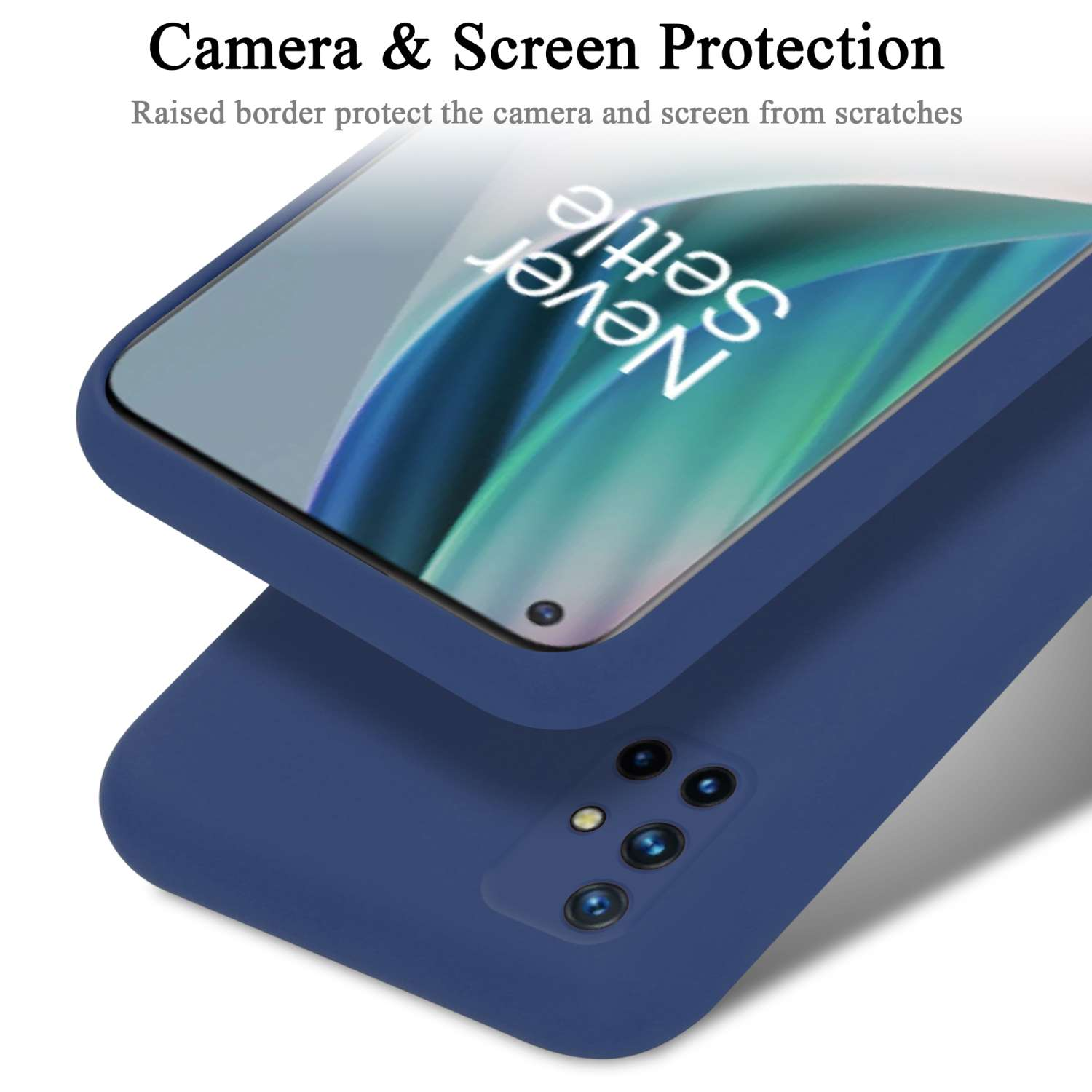 Blaue Handyhülle mit Telefon darin. Text 'Never Settle'. Erhöhte Kanten zum Schutz.