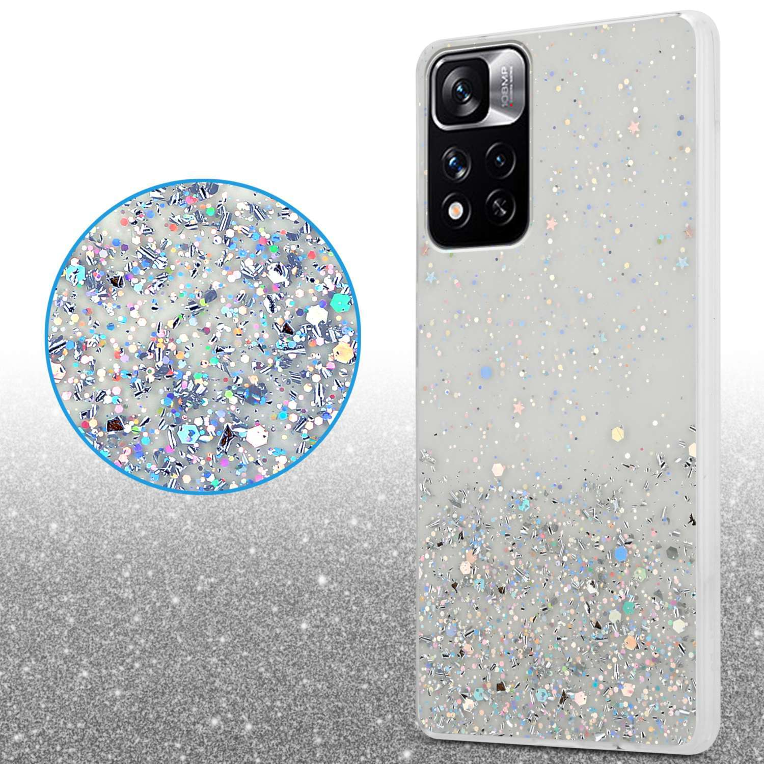 Custodia per telefono con glitter che cadono sul retro. Primo piano dei glitter a sinistra.