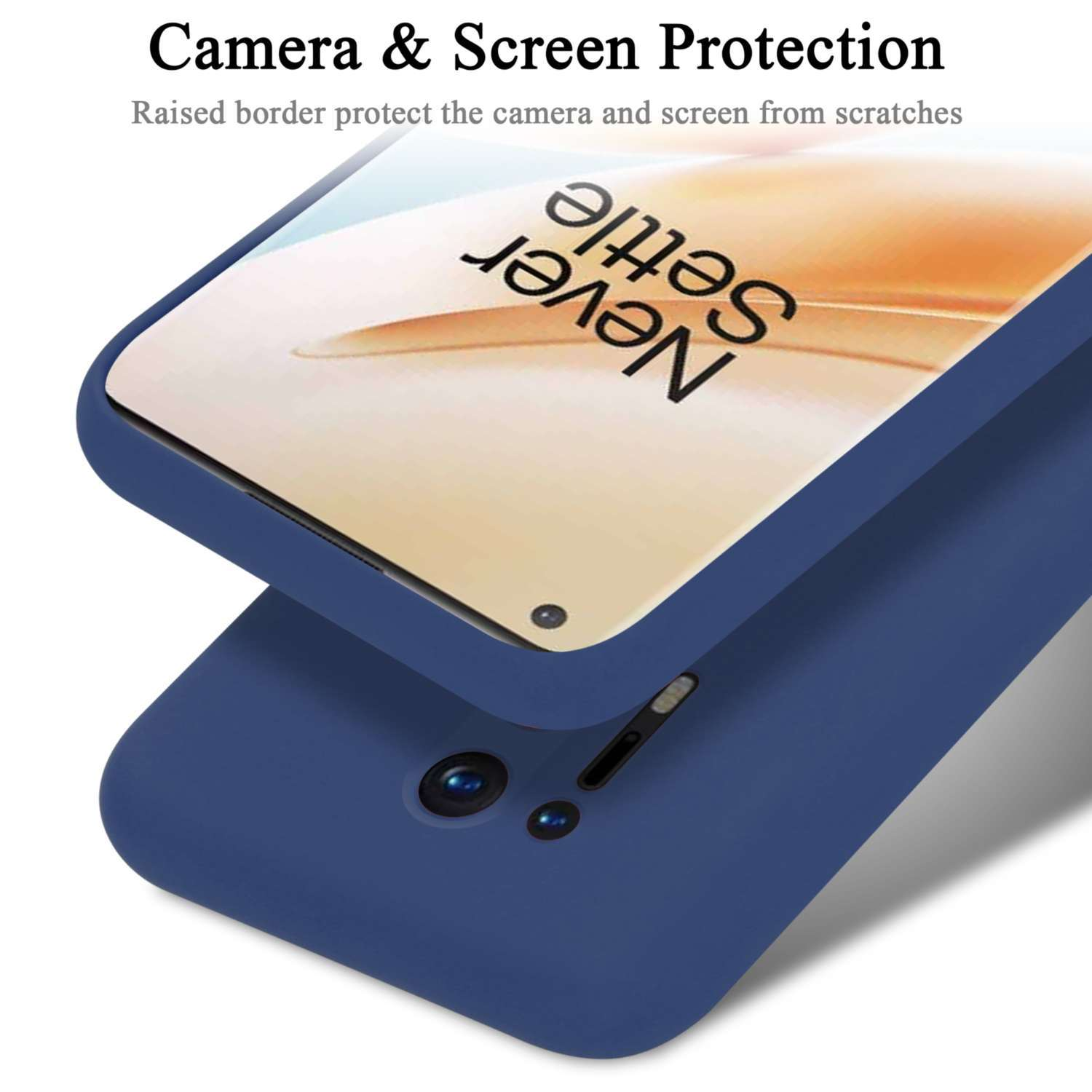 Blaue Handyhülle mit Telefon darin. Text lautet „Never Settle“ auf dem Bildschirm und „Camera & Screen Protection“ darüber.