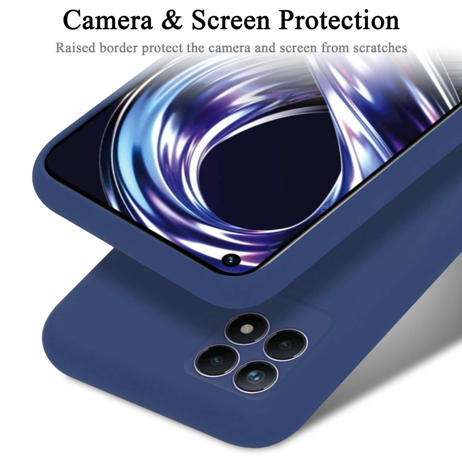 Viene mostrata una custodia per telefono blu scuro con un telefono all'interno. L'area della fotocamera è esposta.