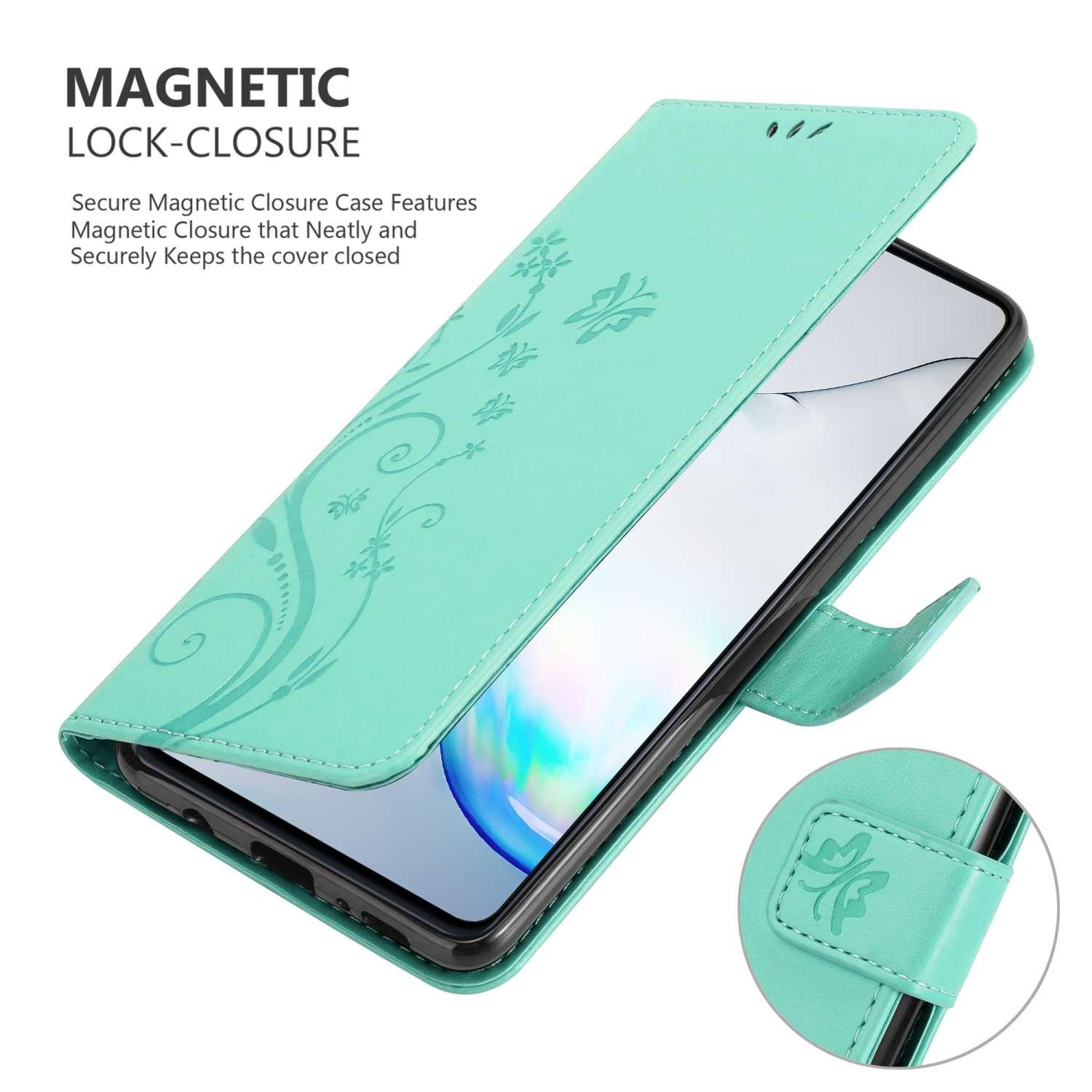 Custodia per telefono verde acqua aperta con design floreale. Il telefono è visibile. Testo: Chiusura magnetica.