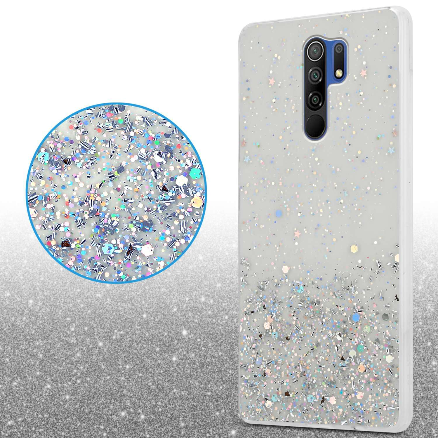 Custodia per telefono con glitter, con un primo piano di glitter e una custodia per telefono.