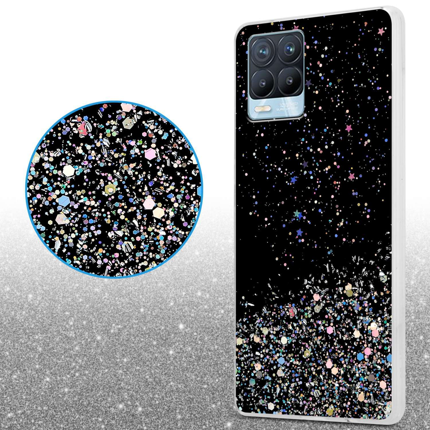 Custodia nera per telefono con design glitterato e dettaglio ravvicinato.