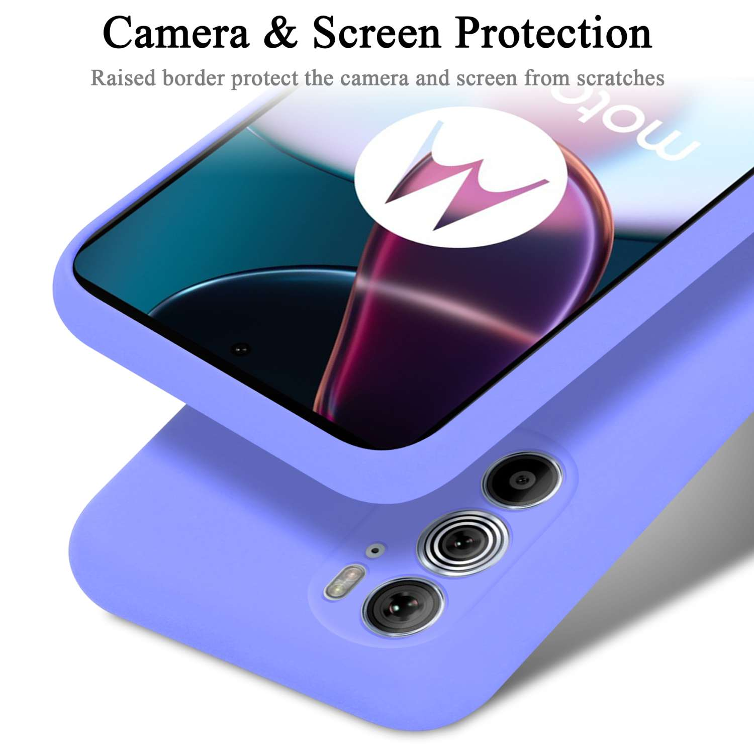 Custodia per telefono viola sopra un telefono, proteggendo lo schermo e la fotocamera. Il telefono è visibile.
