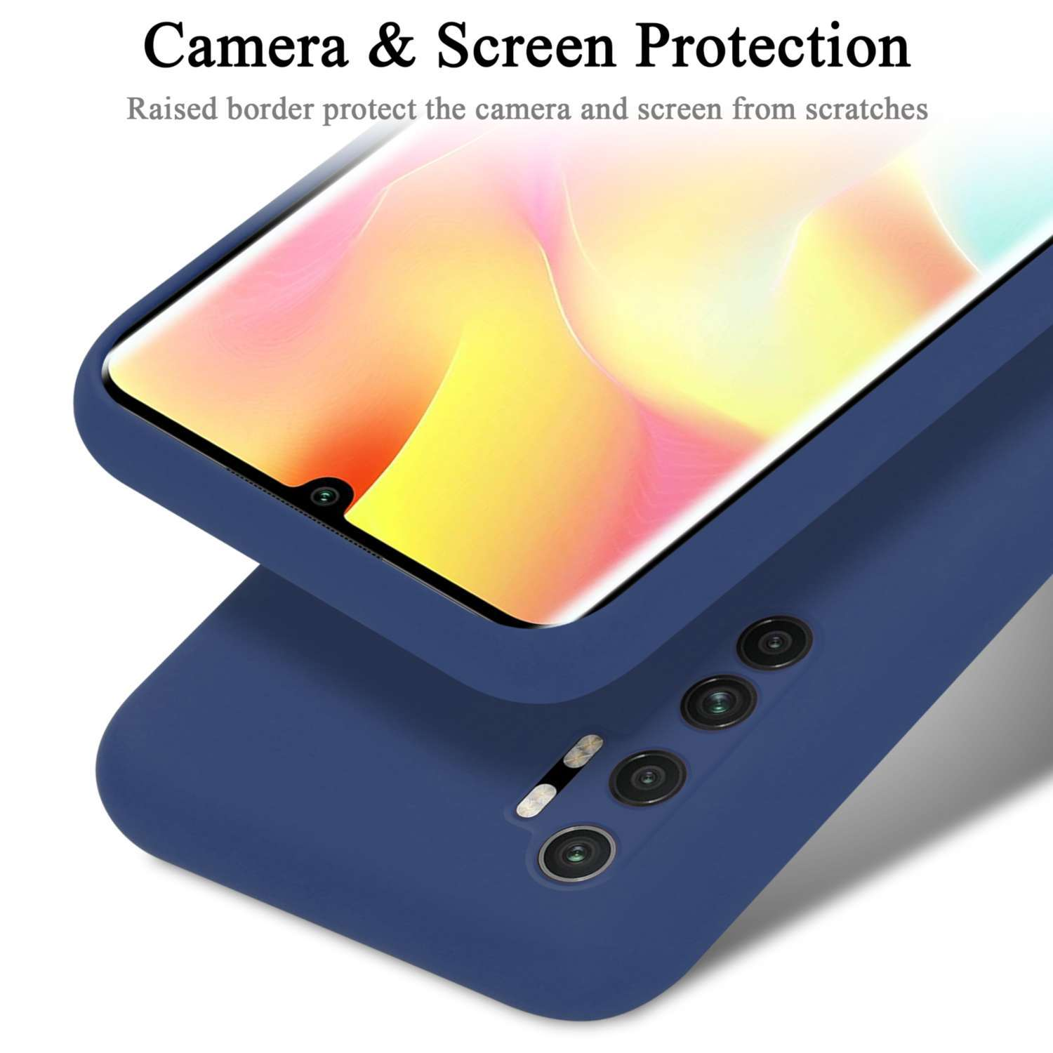 Custodia per telefono che protegge lo schermo e la fotocamera del telefono. Custodia blu navy con protezione per fotocamera e schermo.