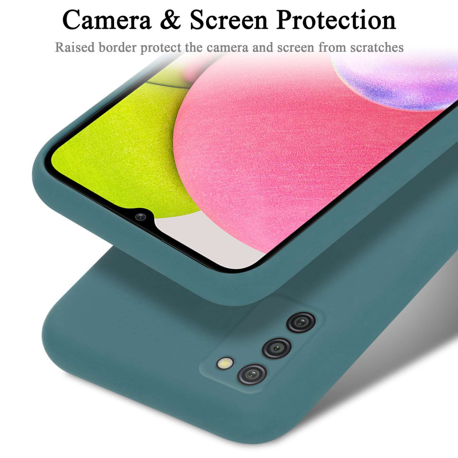 Nahaufnahme einer tealfarbenen Handyhülle mit Telefon, Kamera sichtbar.