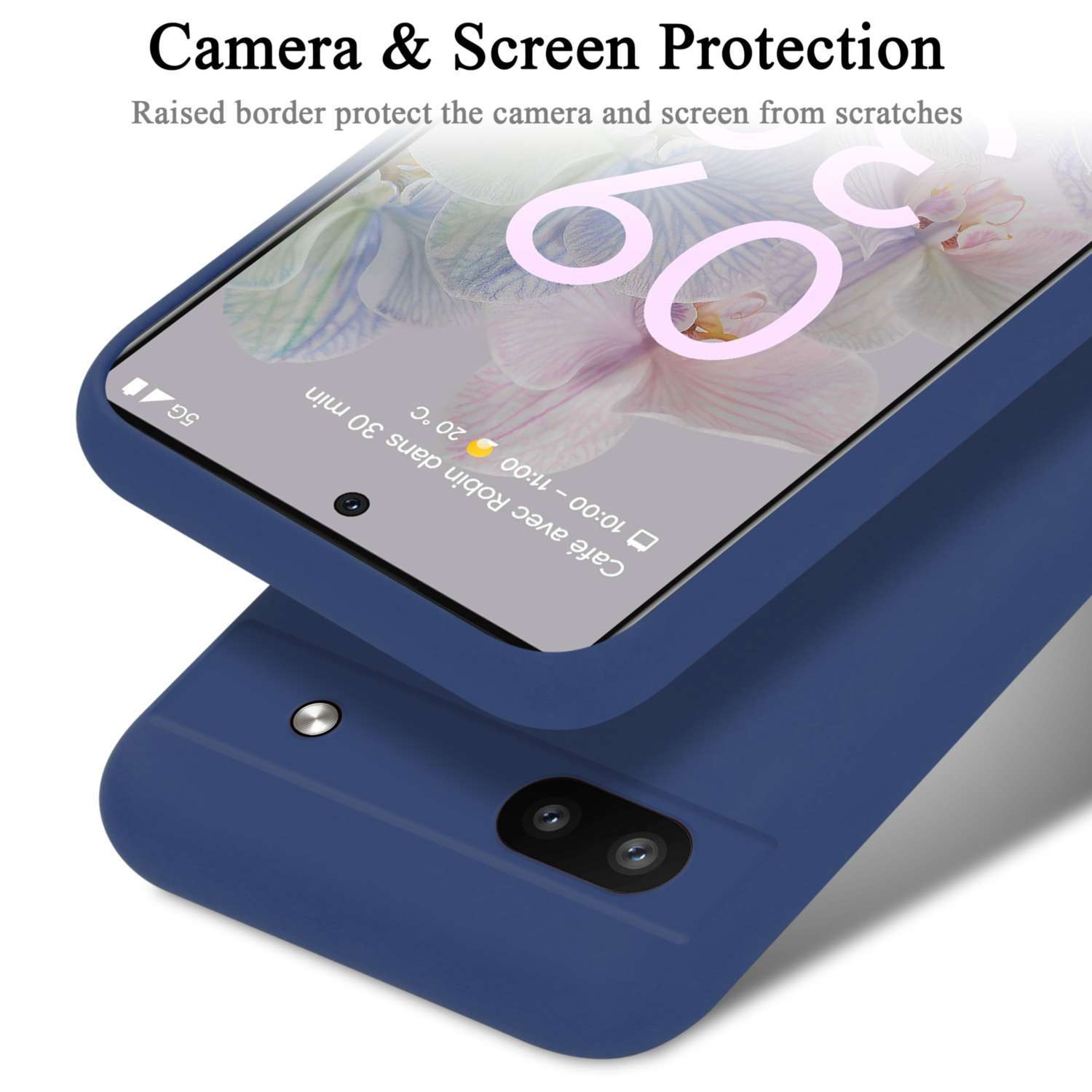 Una custodia blu per telefono sopra uno schermo del telefono che mostra un'immagine floreale, primo piano.