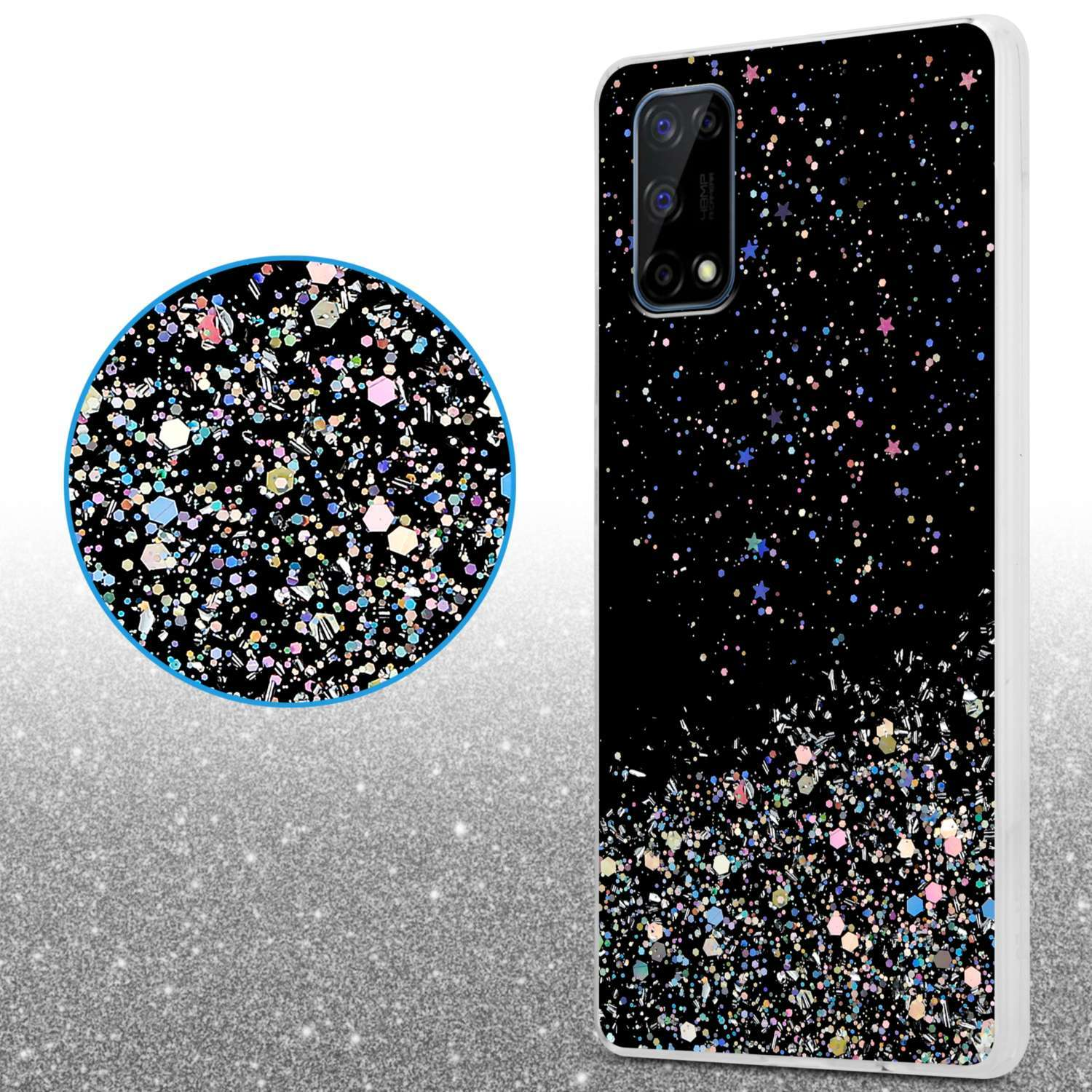 Custodia per telefono con sfondo nero, effetto glitter. Primo piano circolare di glitter. Custodia bianca con fotocamera.