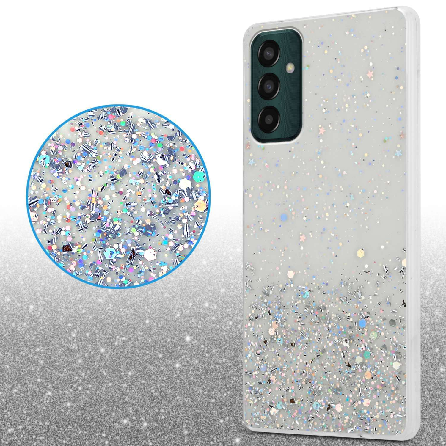 Custodia per telefono con glitter. Primo piano di un cerchio con glitter. Lo sfondo è glitterato.