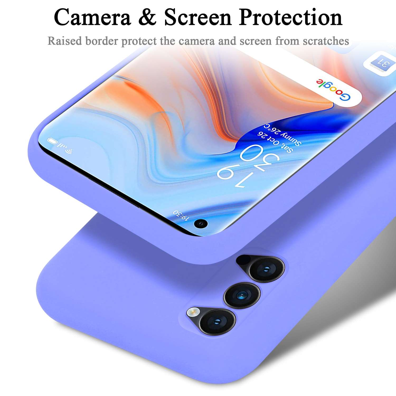 Eine lila Handyhülle mit einem Telefon im Inneren, das den Bildschirm und die Kamera schützt.