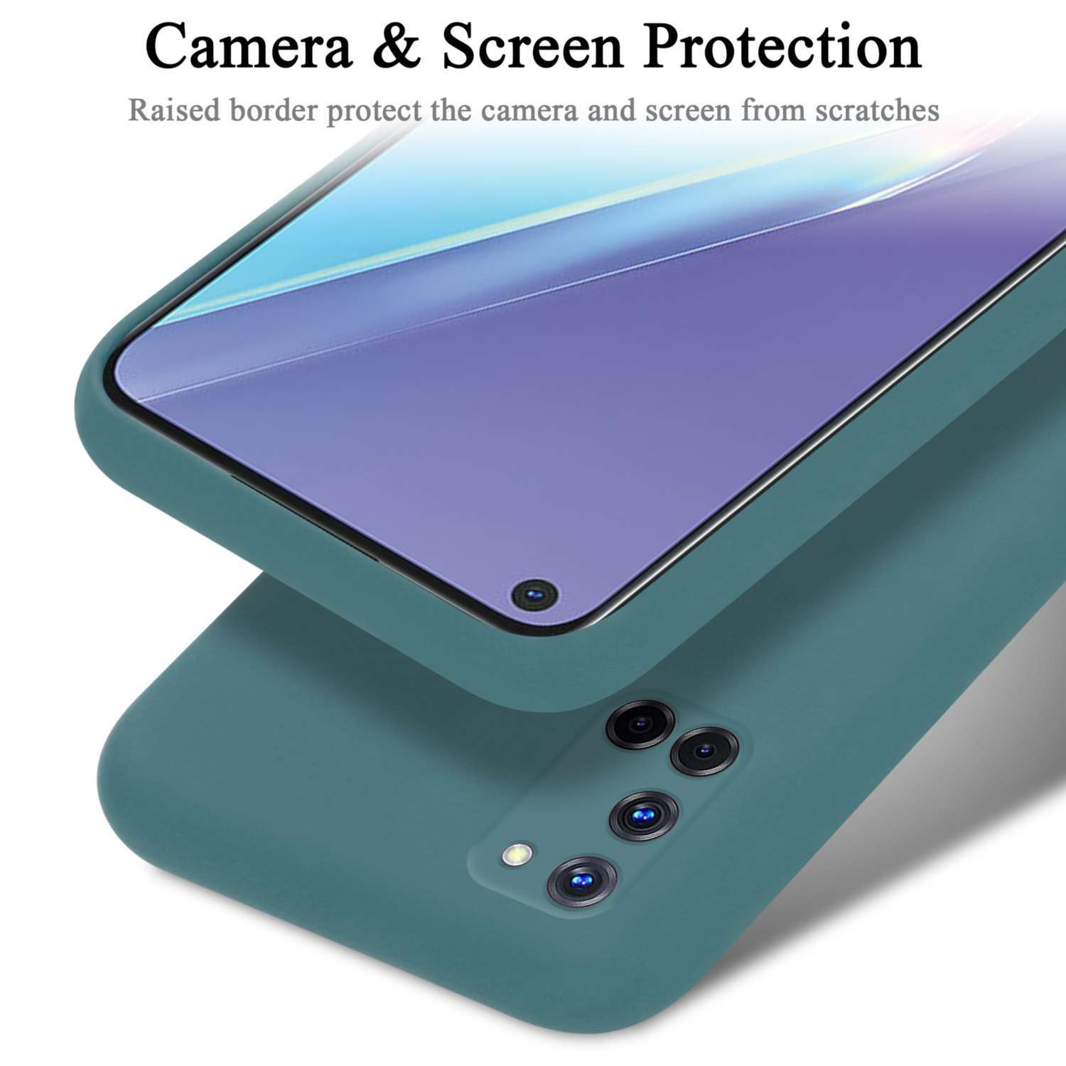 Eine teal Handyhülle mit einem Telefon oben drauf. Text sagt 'Kamera & Bildschirmschutz'.