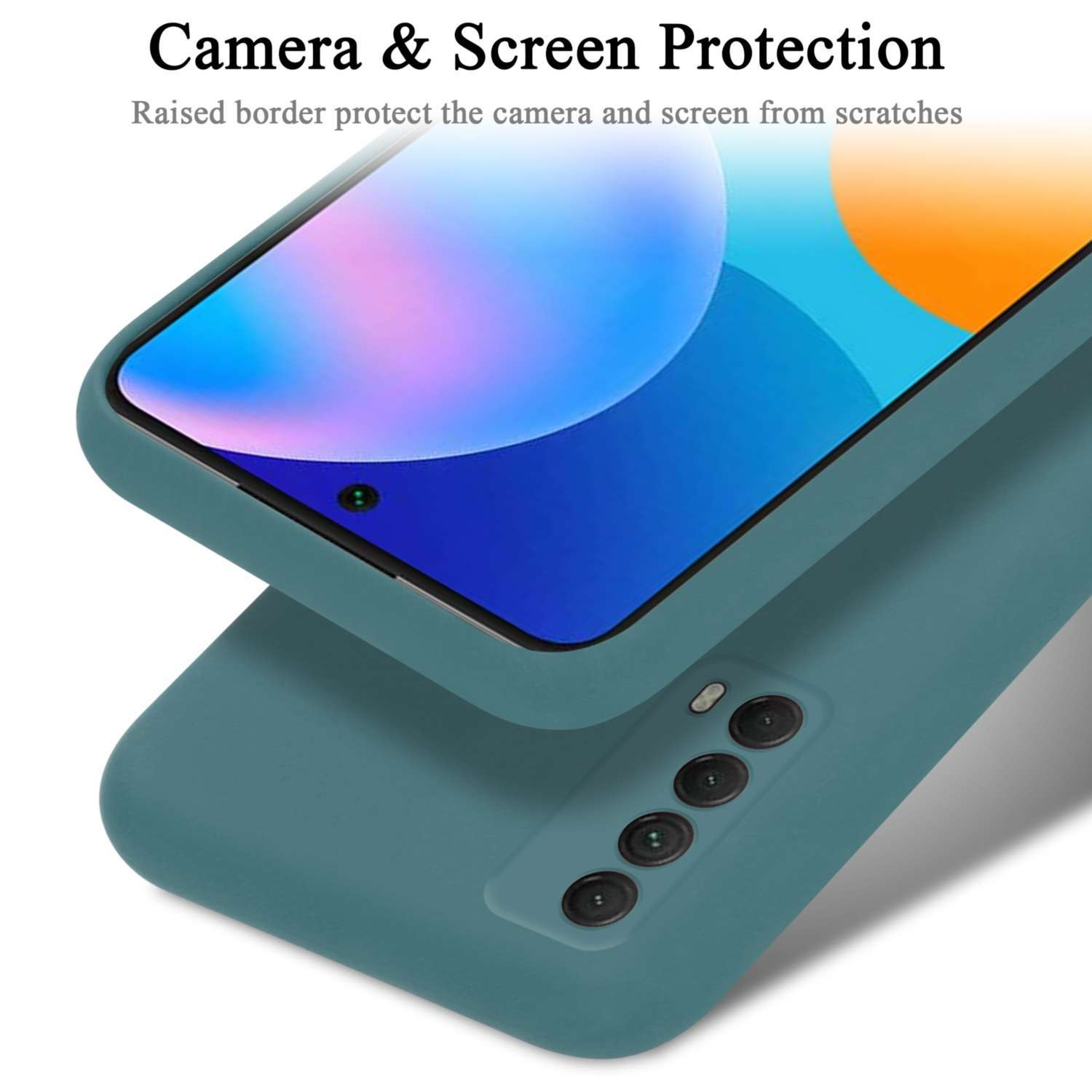 Coque de téléphone bleu-vert avec un téléphone, l'écran du téléphone est bleu. La coque couvre la caméra, gros plan.