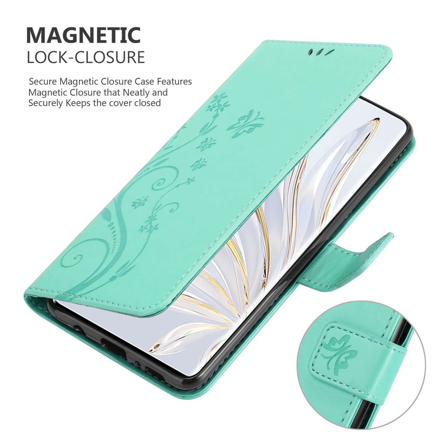 Custodia per telefono verde acqua con design floreale e chiusura magnetica. Testo: Custodia con chiusura magnetica sicura.