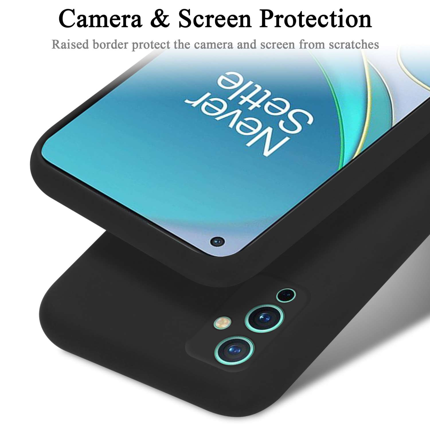 Una custodia per telefono con un telefono all'interno. La custodia ha un bordo rialzato per proteggere la fotocamera.