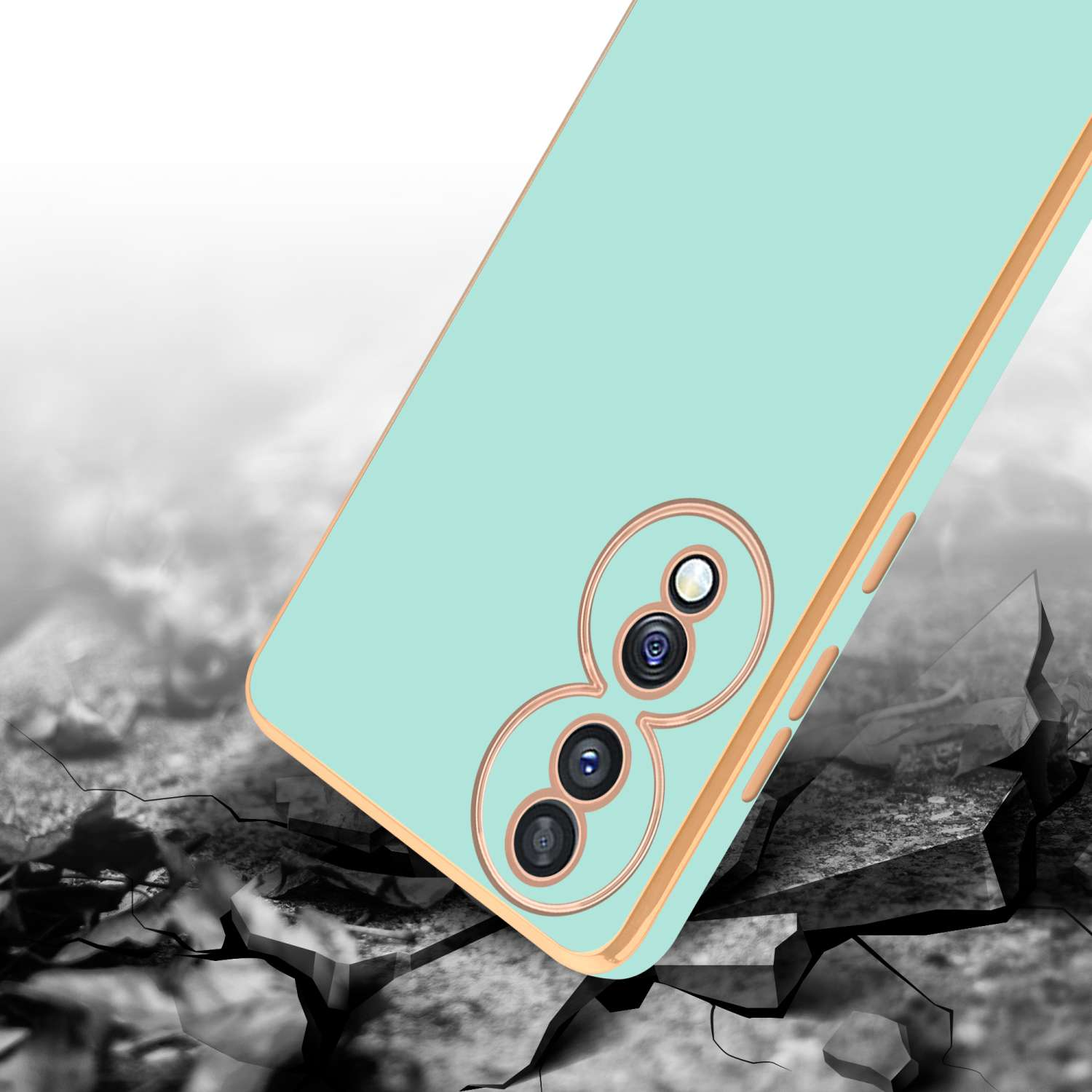 Una custodia per telefono color verde acqua che cade e rompe il terreno.