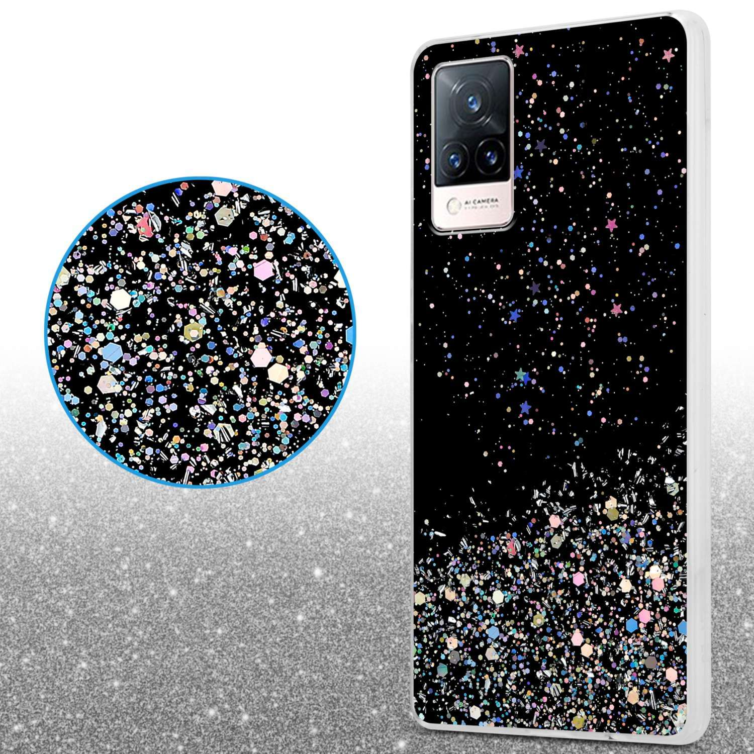 Telefono con custodia nera glitterata, punti e stelle scintillanti sul retro. Viene mostrato un primo piano.