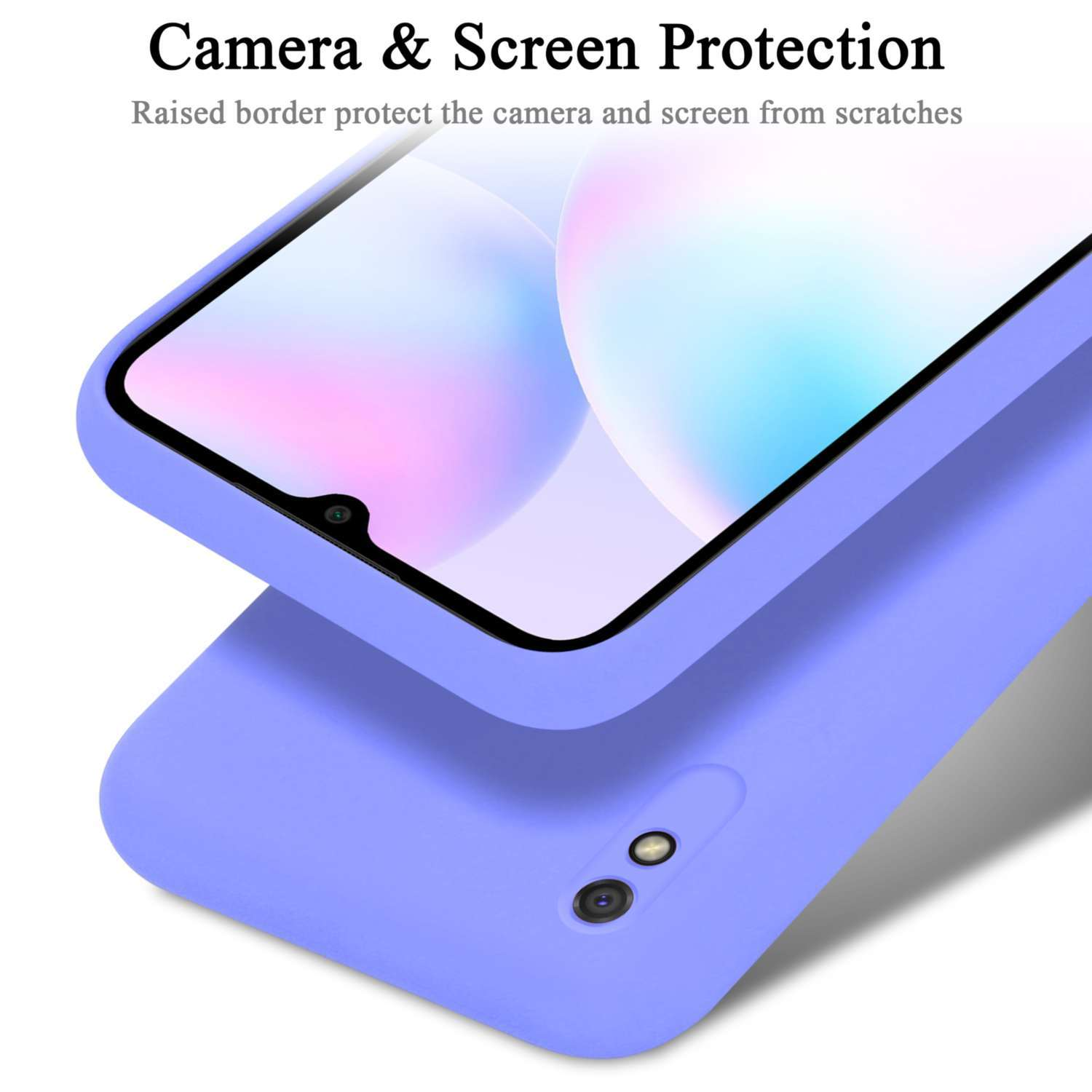 Custodia per telefono viola, con schermo del telefono visibile. Testo: Protezione fotocamera e schermo.