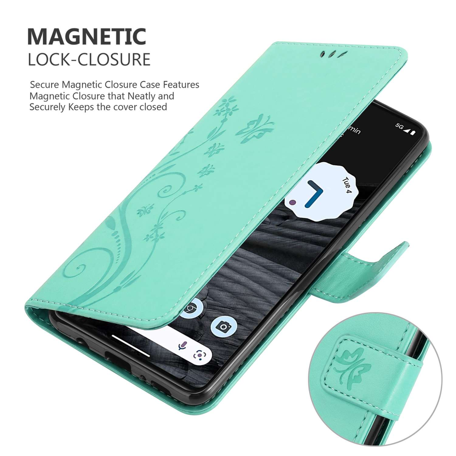 Custodia per telefono verde menta aperta con telefono all'interno. Testo: Chiusura magnetica. Sfondo bianco.