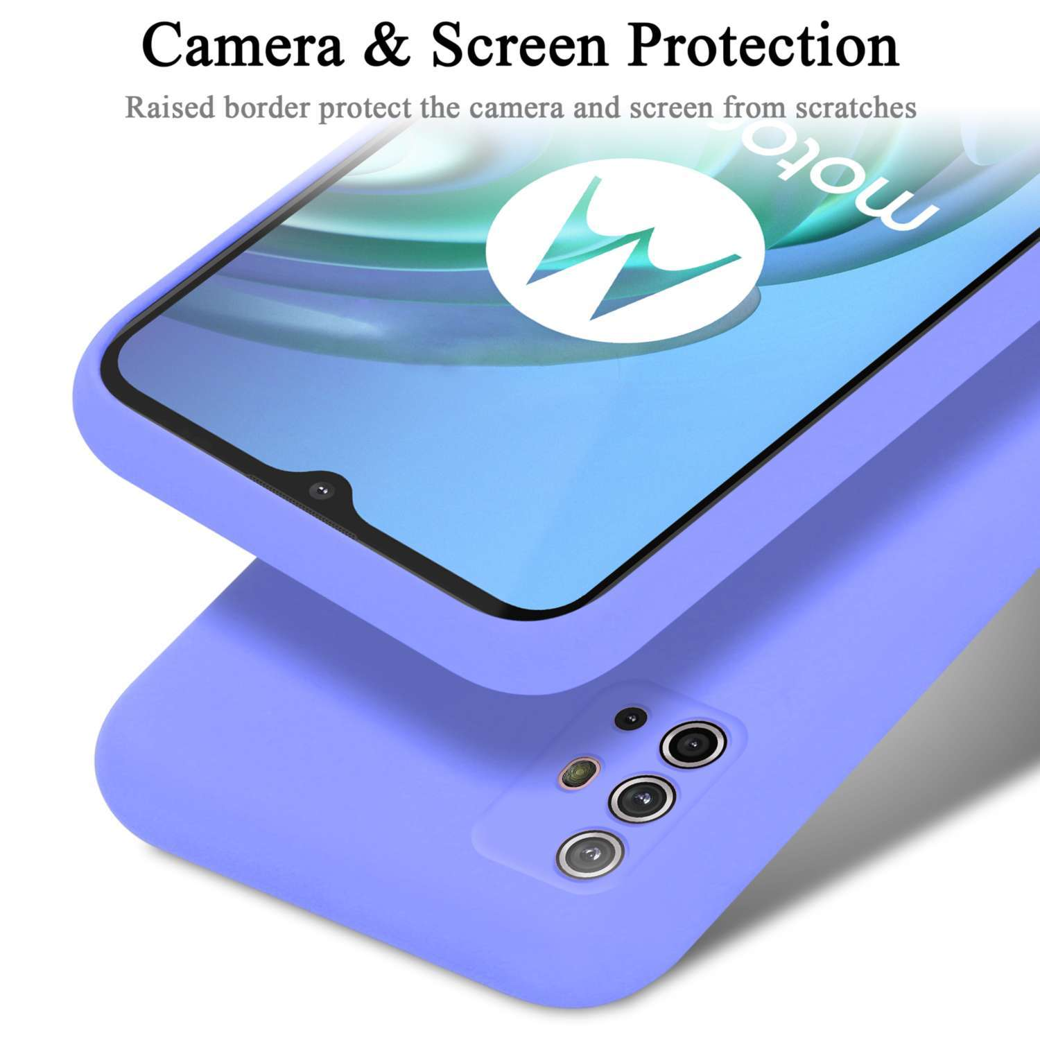 Custodia per telefono blu con un telefono all'interno, che mostra la fotocamera e la protezione dello schermo.