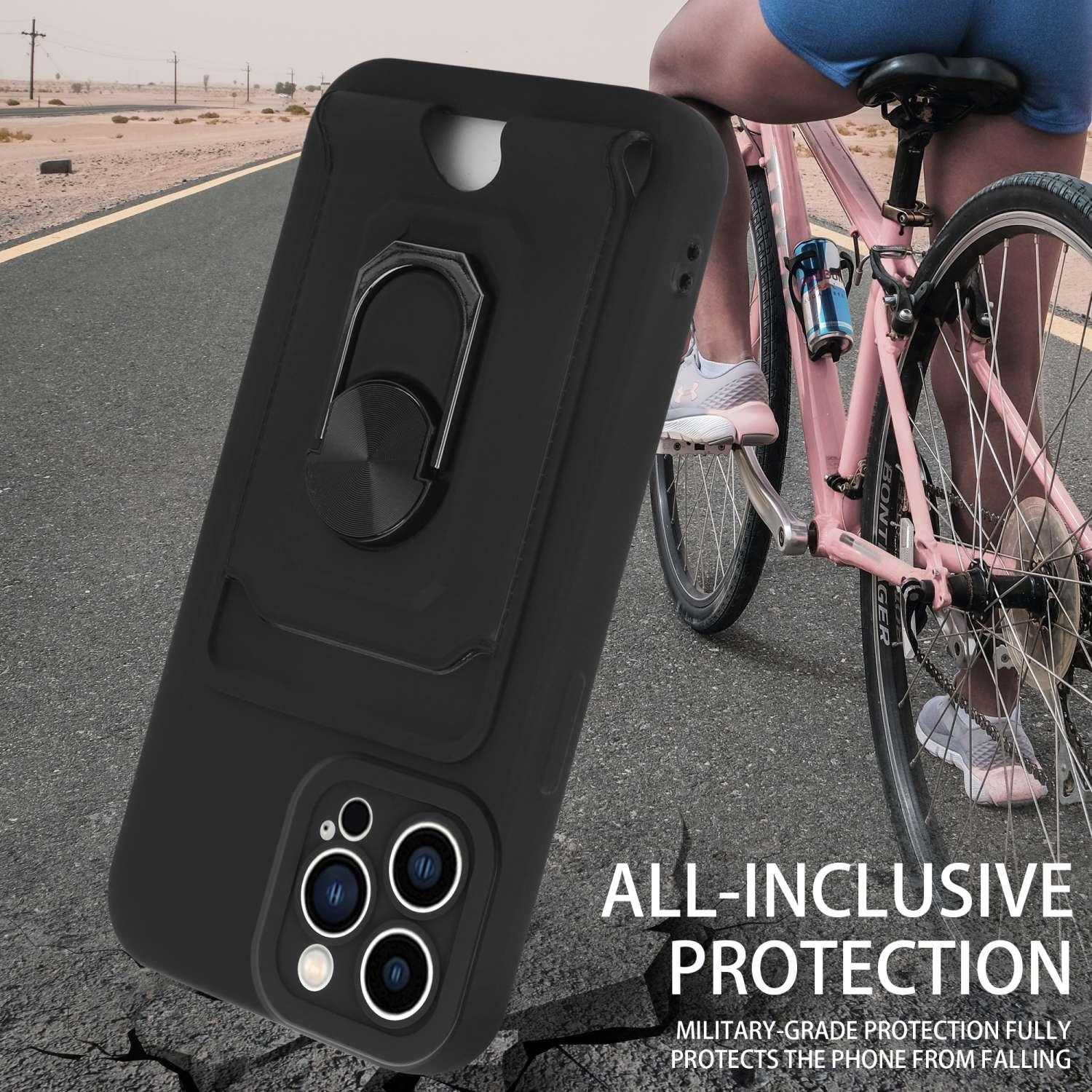 Schwarze Handyhülle mit Ring und Kartenfach. Eine Person fährt im Hintergrund Fahrrad.