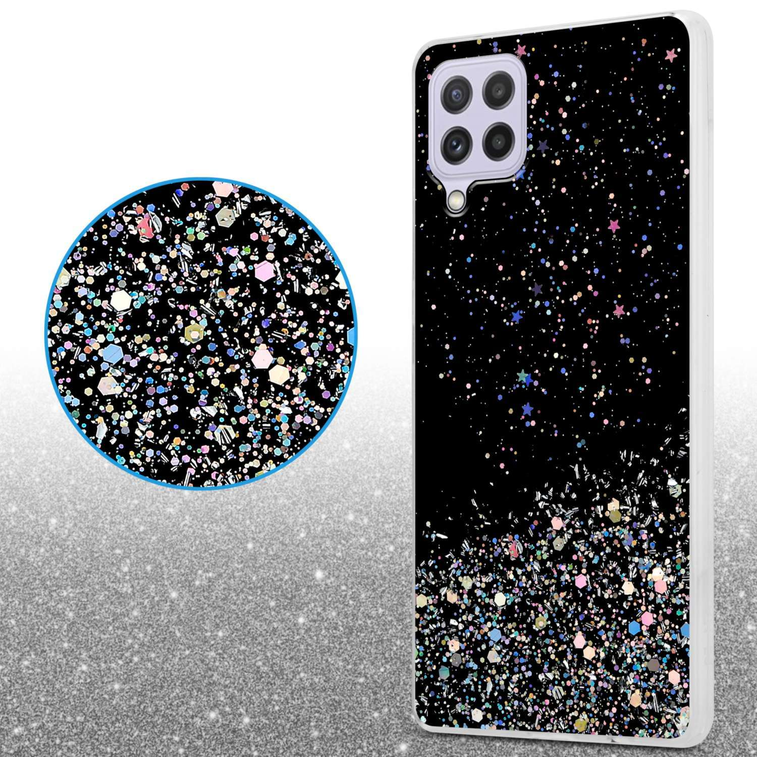 Custodia per telefono con motivo glitterato colorato. Primo piano mostra i dettagli. Sfondo nero.