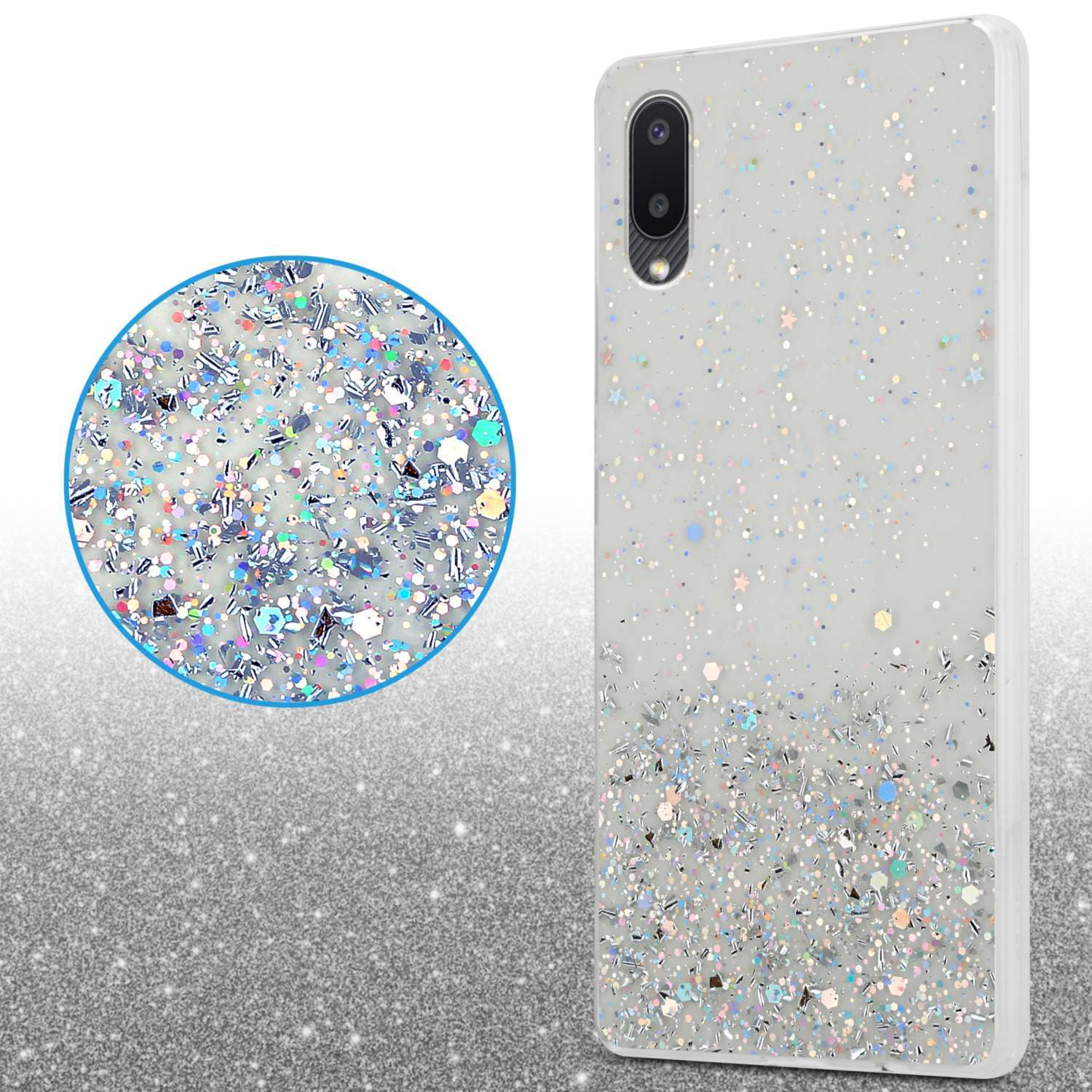 Custodia per telefono bianca con glitter. Un primo piano mostra i dettagli dei glitter.