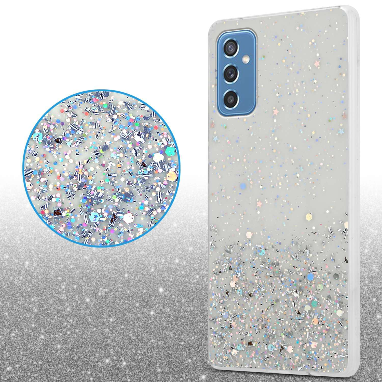 Custodia per telefono con glitter. Un primo piano circolare mostra i glitter. La custodia è a destra.