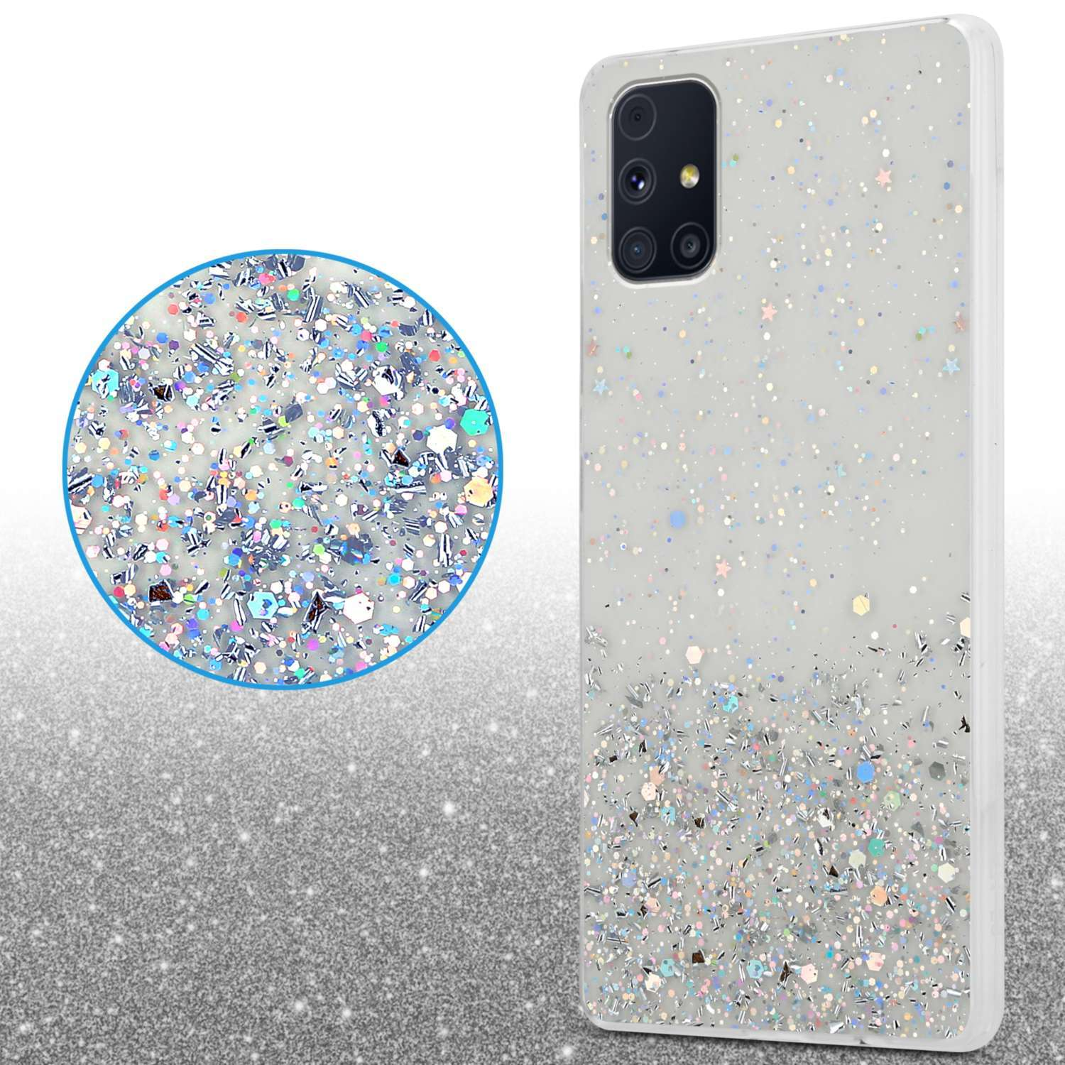 Schutzhülle mit Backcover, CADORABO Samsung, Transparent Galaxy Glitter, funkelnden M31s, mit Glitter