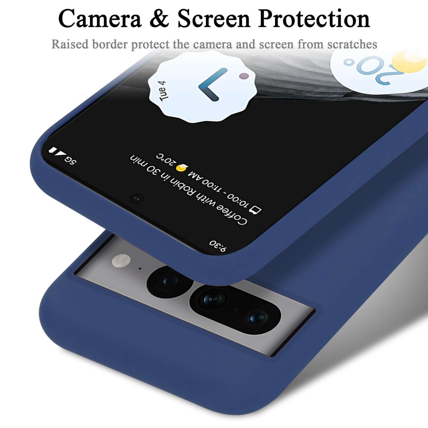 Custodia per telefono blu con protezione fotocamera e schermo. Lo schermo del telefono mostra l'ora. Custodia blu scuro, sfondo bianco.