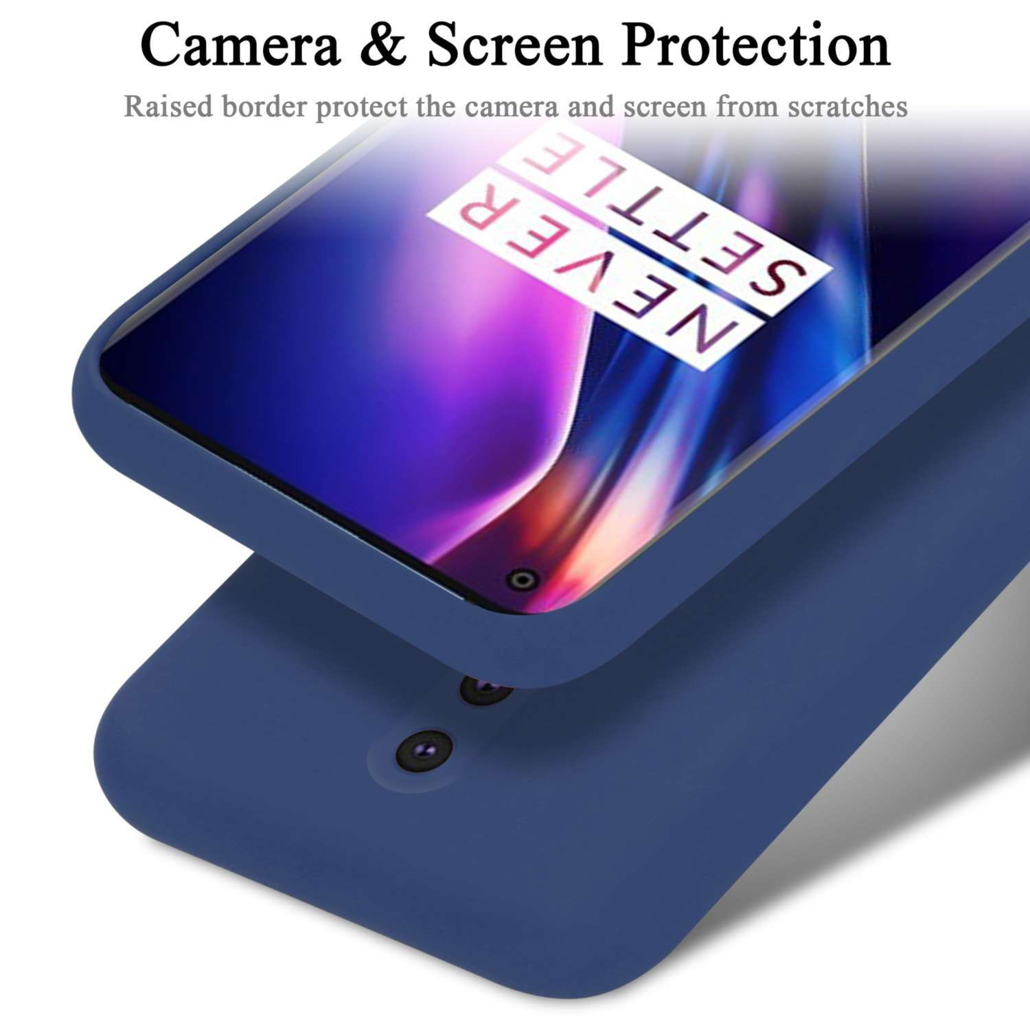 Custodia per telefono blu con telefono all'interno. Testo: Protezione fotocamera e schermo. Testo bianco e rosso.