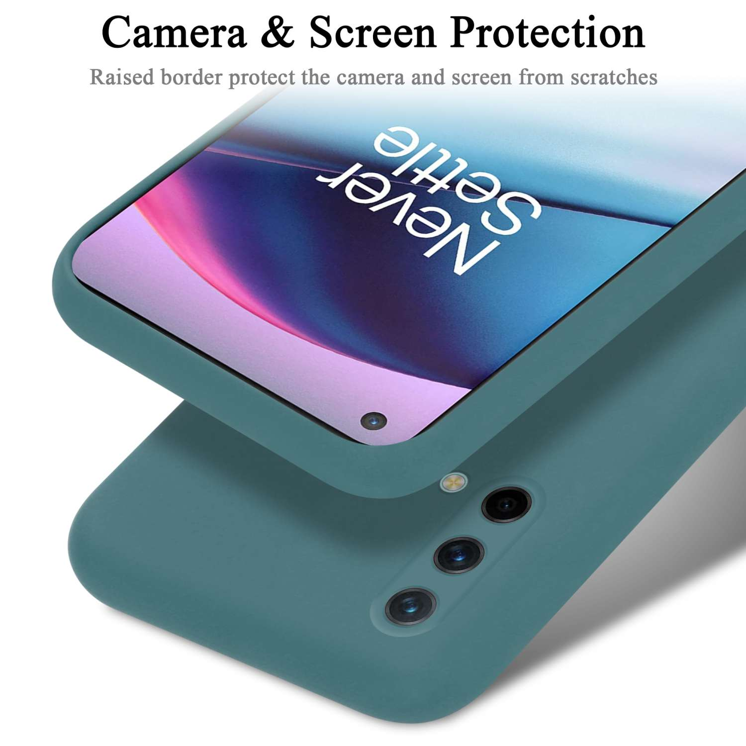 Custodia per telefono verde acqua con telefono all'interno. Ha una fotocamera e il testo Never Settle.