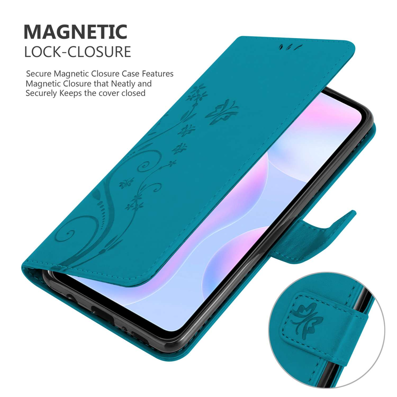Una custodia per telefono verde acqua, aperta, con design floreale e chiusura magnetica.