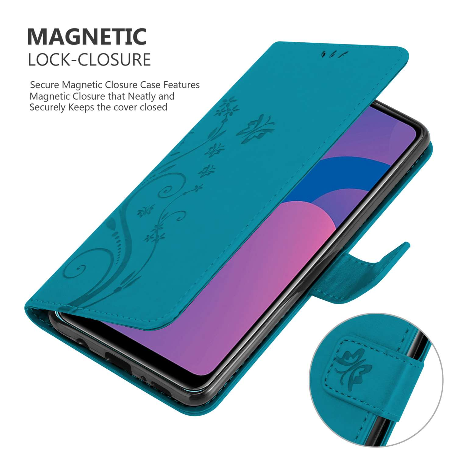 Custodia per telefono turchese aperta, rivelando un telefono. Design floreale sulla copertina anteriore.